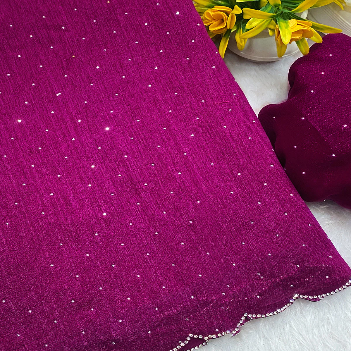 Magenta Vichitra Silk Saree Accented with Stone Embellishments - Image 2