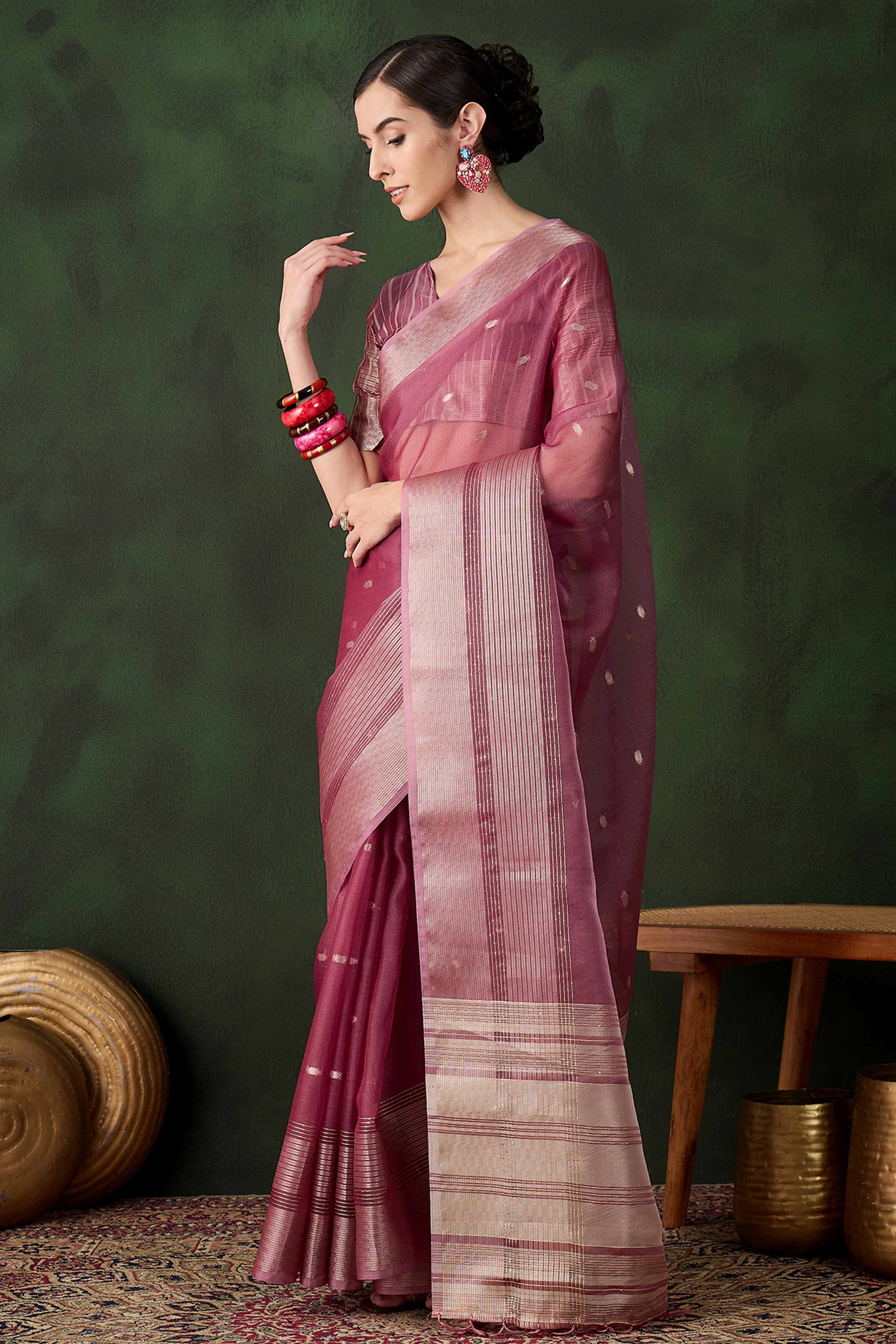 Magenta Woven Khadi Organza Saree Embellished With Shimmering Sequins Work - Image 3