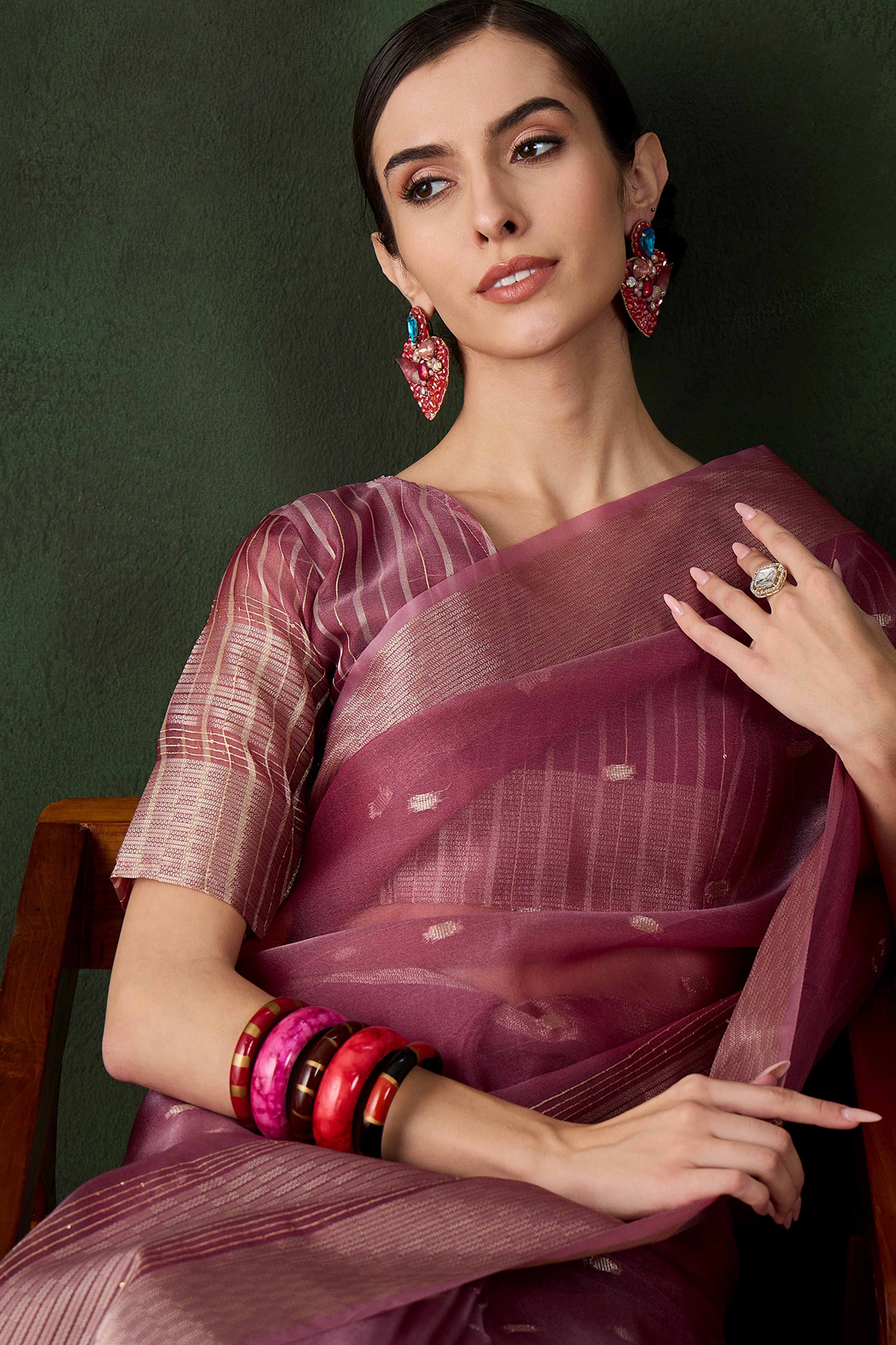 Magenta Woven Khadi Organza Saree Embellished With Shimmering Sequins Work - Image 6