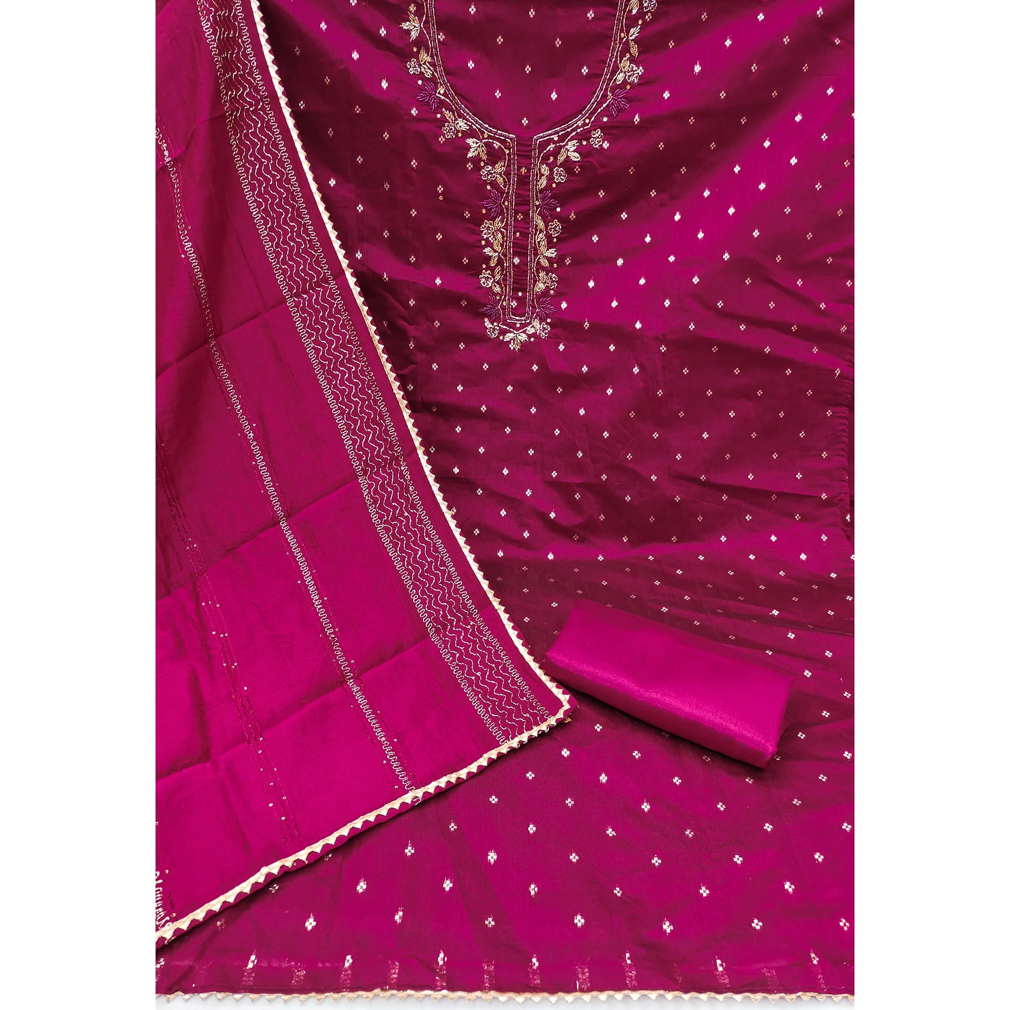 Magenta Woven With handwork Chanderi Modal Dress Material - Image 3