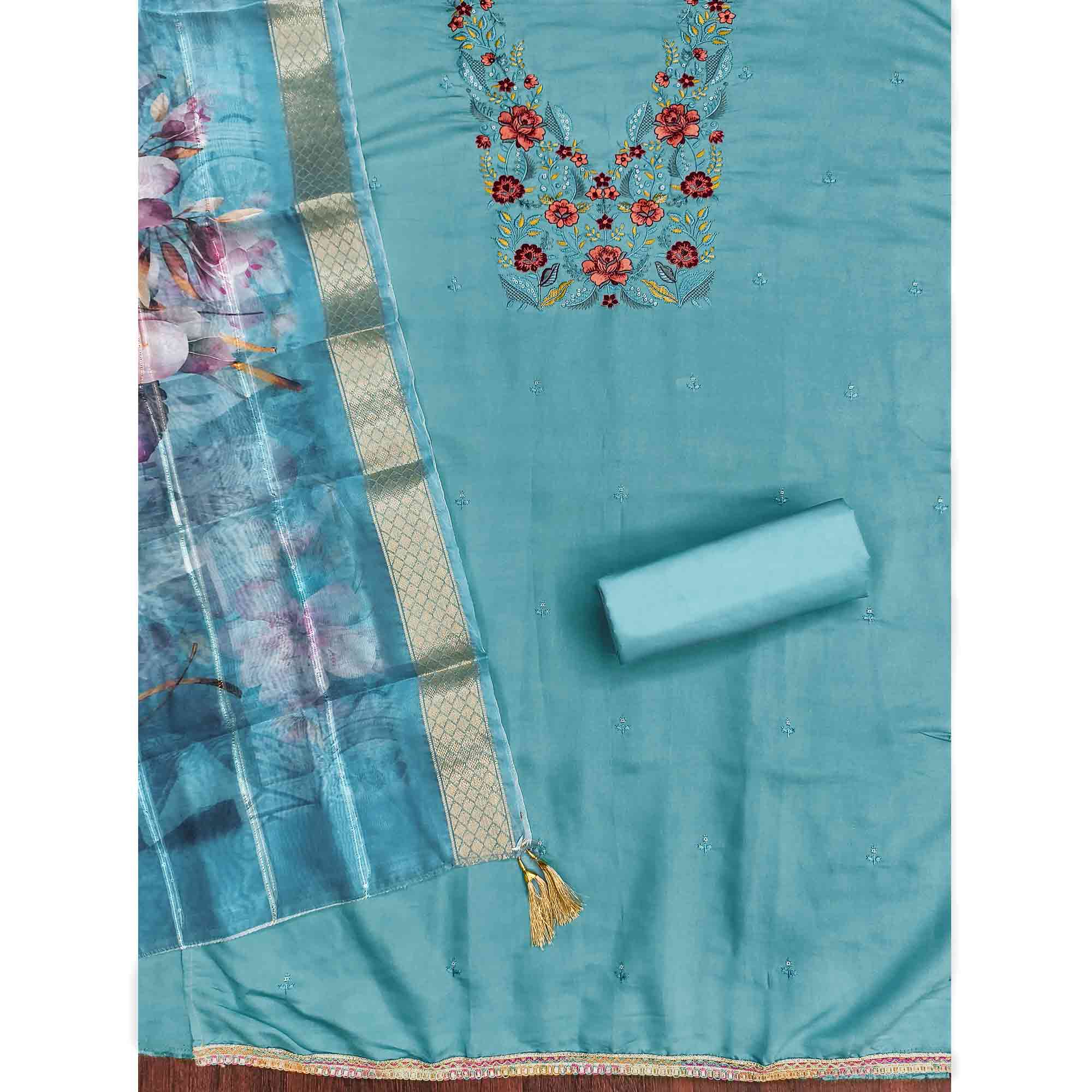 Majestic Blue Bloom Floral Thread & Sequins Embroidered Roman Cotton Silk Dress Material - Image 3