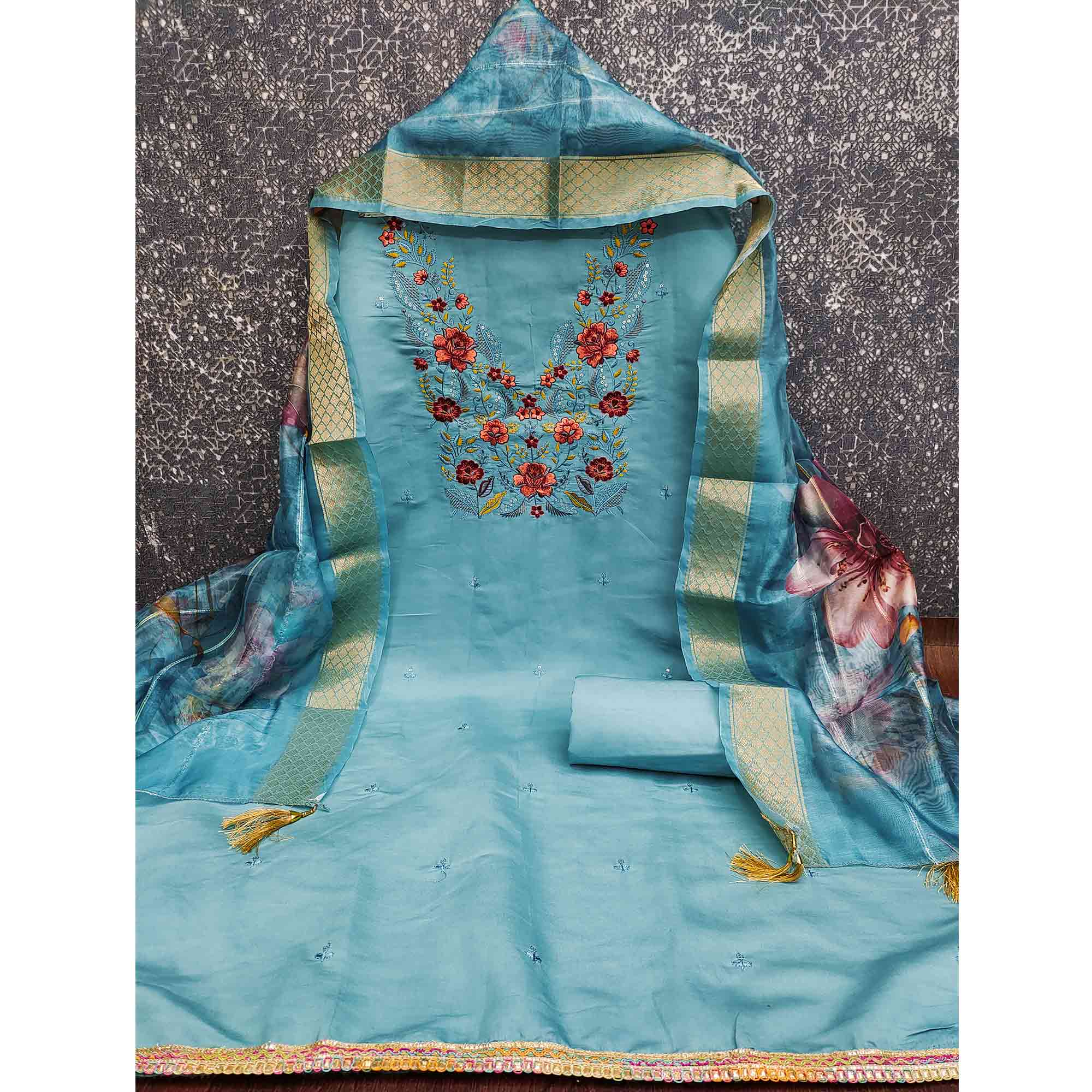 Majestic Blue Bloom Floral Thread & Sequins Embroidered Roman Cotton Silk Dress Material - Image 4