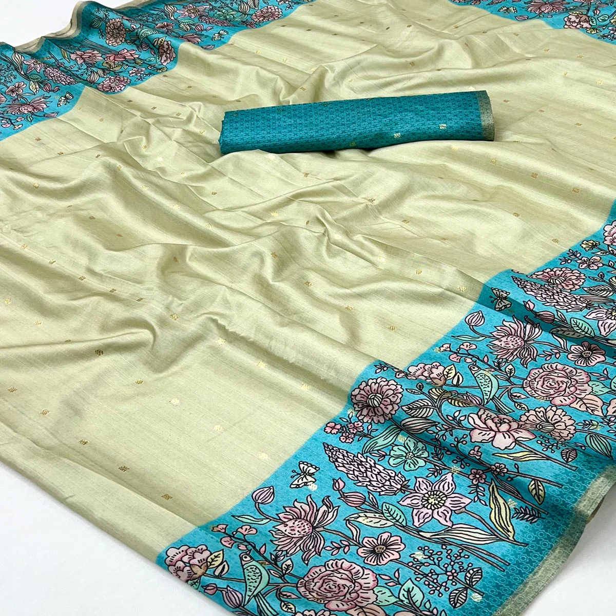 Majestic Chikoo & Blue Silk Blend Saree Enhanced With Floral Prints & Weaving Work - Image 2