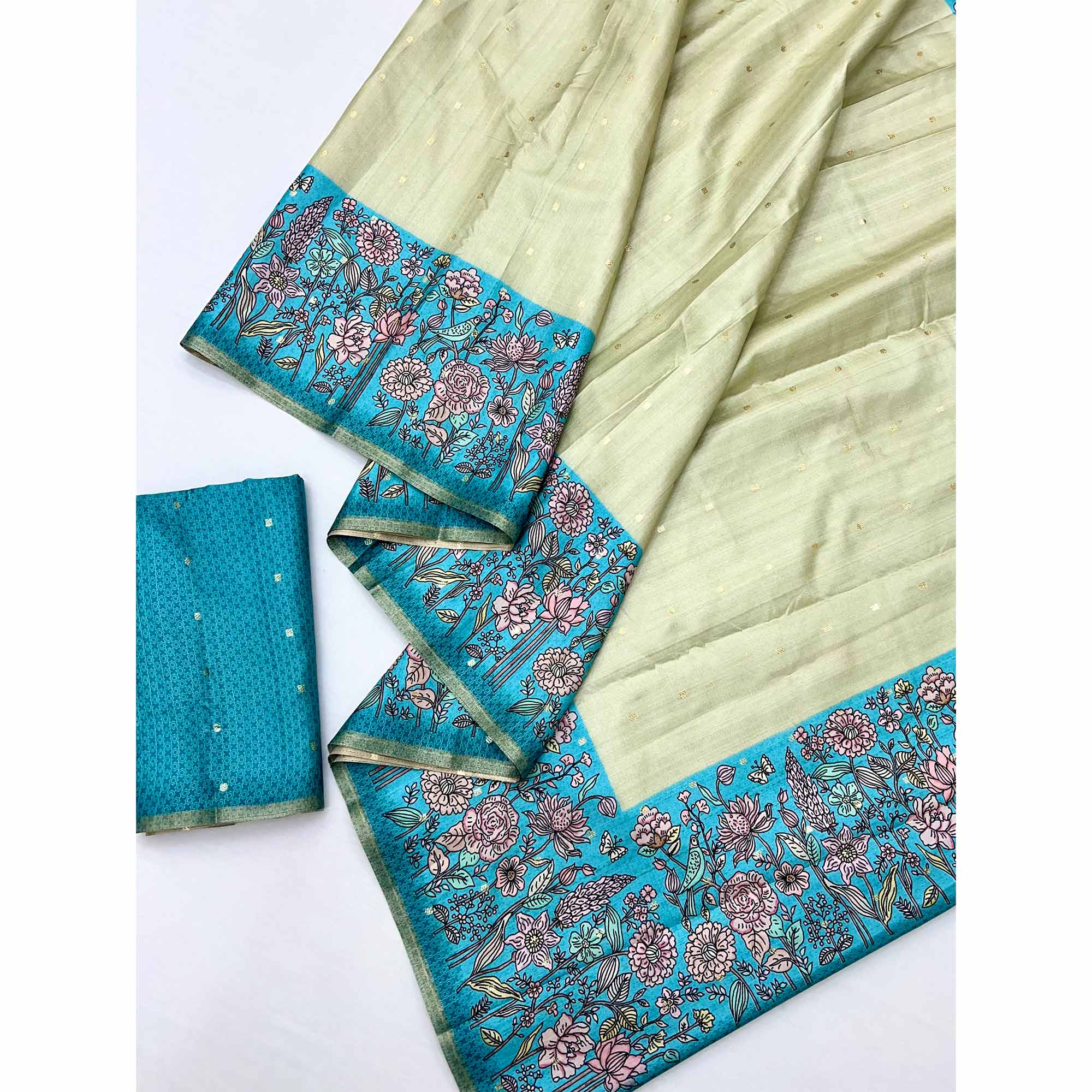Majestic Chikoo & Blue Silk Blend Saree Enhanced With Floral Prints & Weaving Work - Image 3
