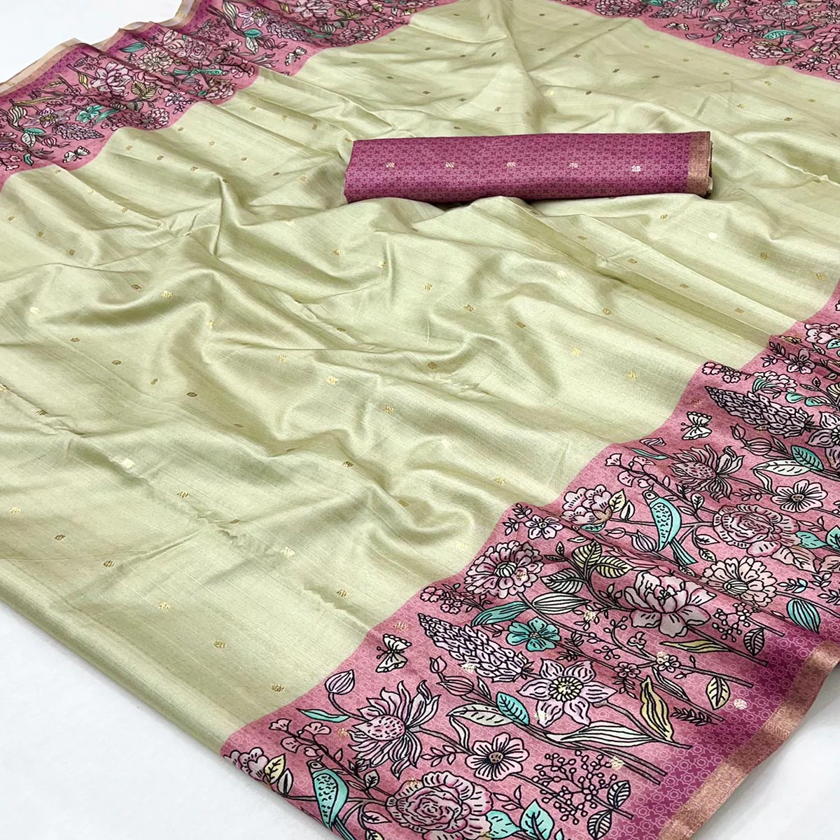 Majestic Chikoo & Pink Silk Blend Saree Enhanced With Floral Prints & Weaving Work - Image 2