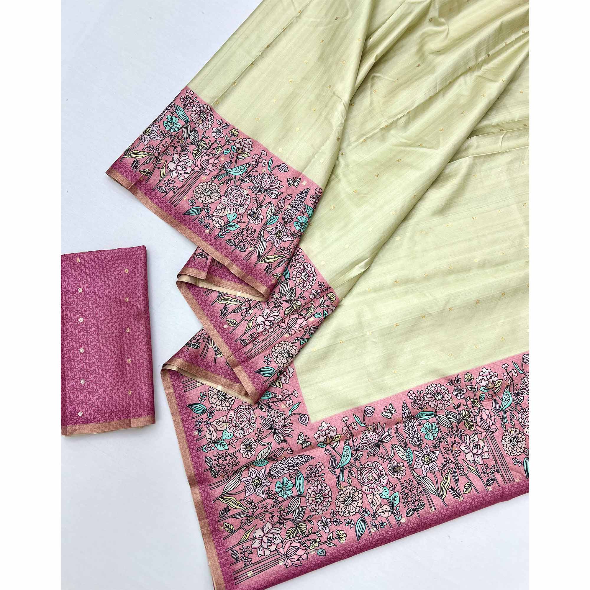 Majestic Chikoo & Pink Silk Blend Saree Enhanced With Floral Prints & Weaving Work - Image 3