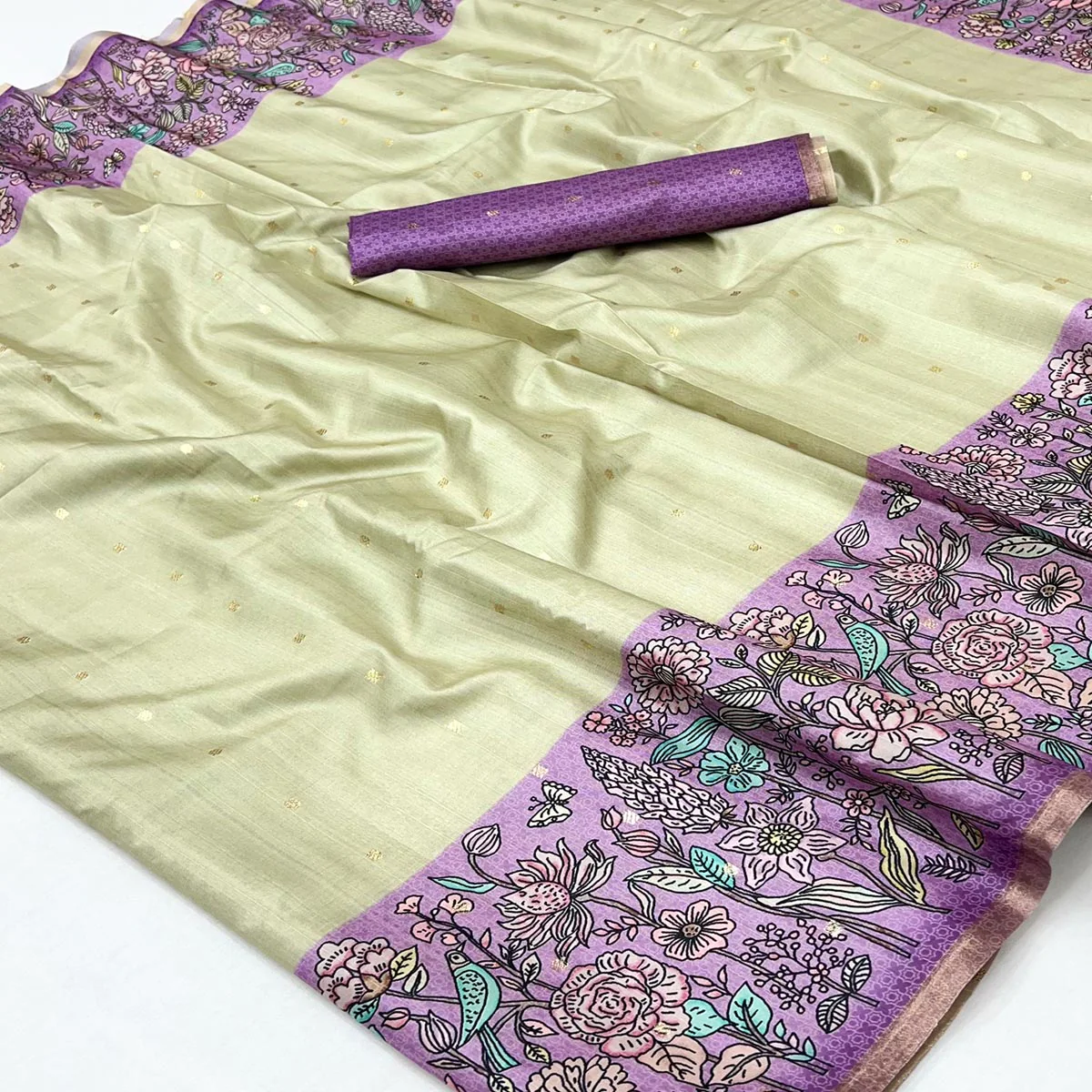 Majestic Chikoo & Purple Silk Blend Saree Enhanced With Floral Prints & Weaving Work - Image 2