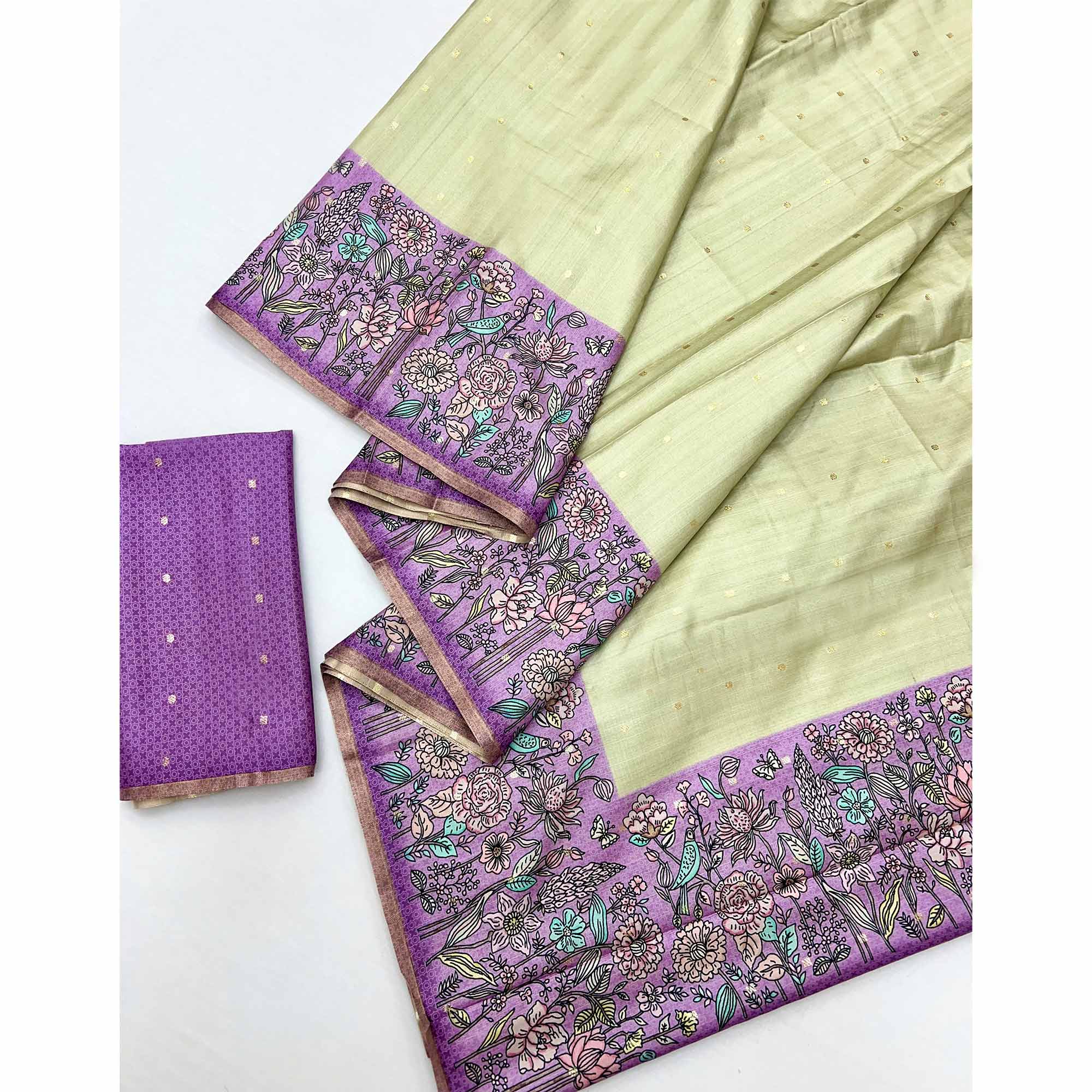 Majestic Chikoo & Purple Silk Blend Saree Enhanced With Floral Prints & Weaving Work - Image 3