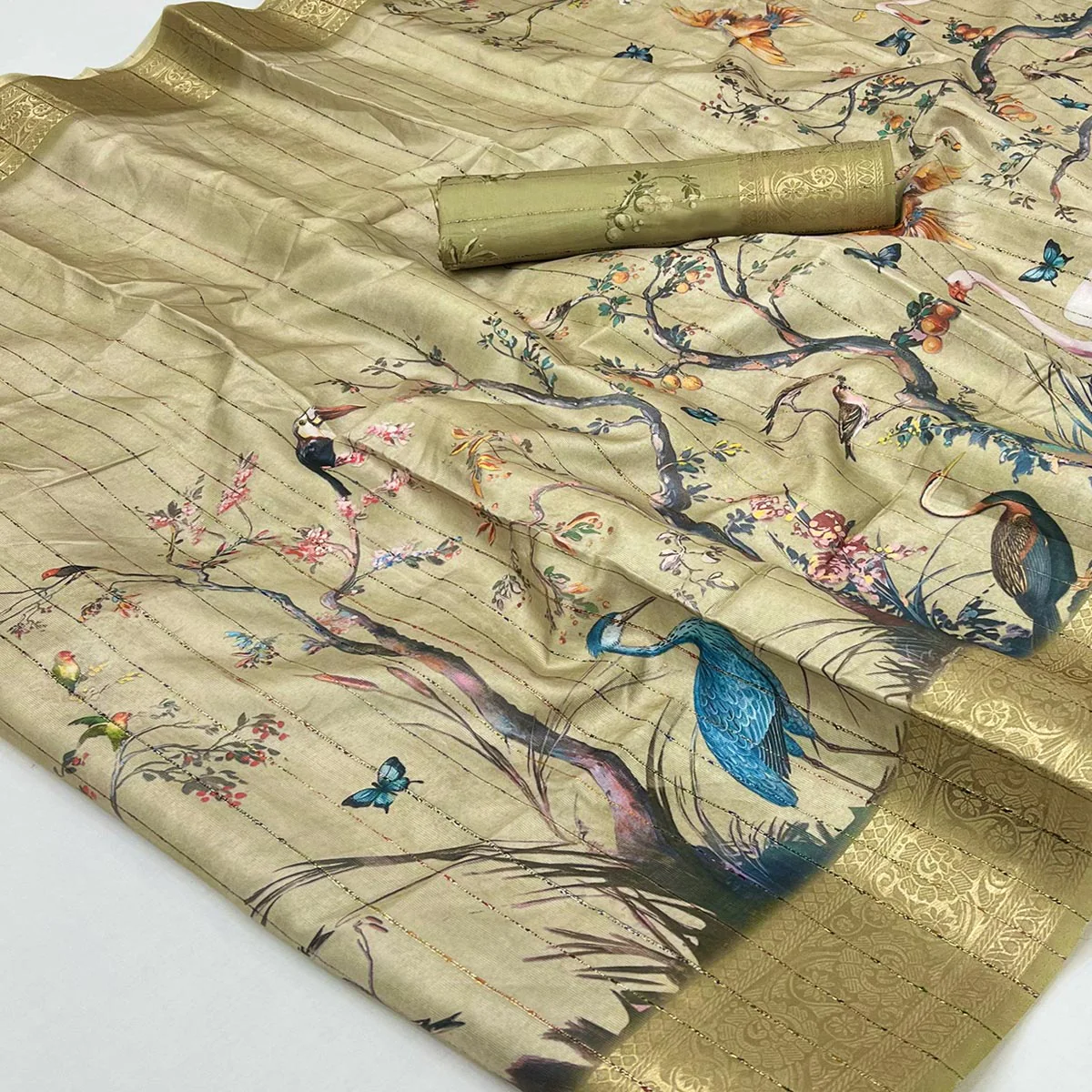 Majestic Chikoo Silk Blend Saree With Weaving Accents & Floral-Bird Digital Print Elegance - Image 2