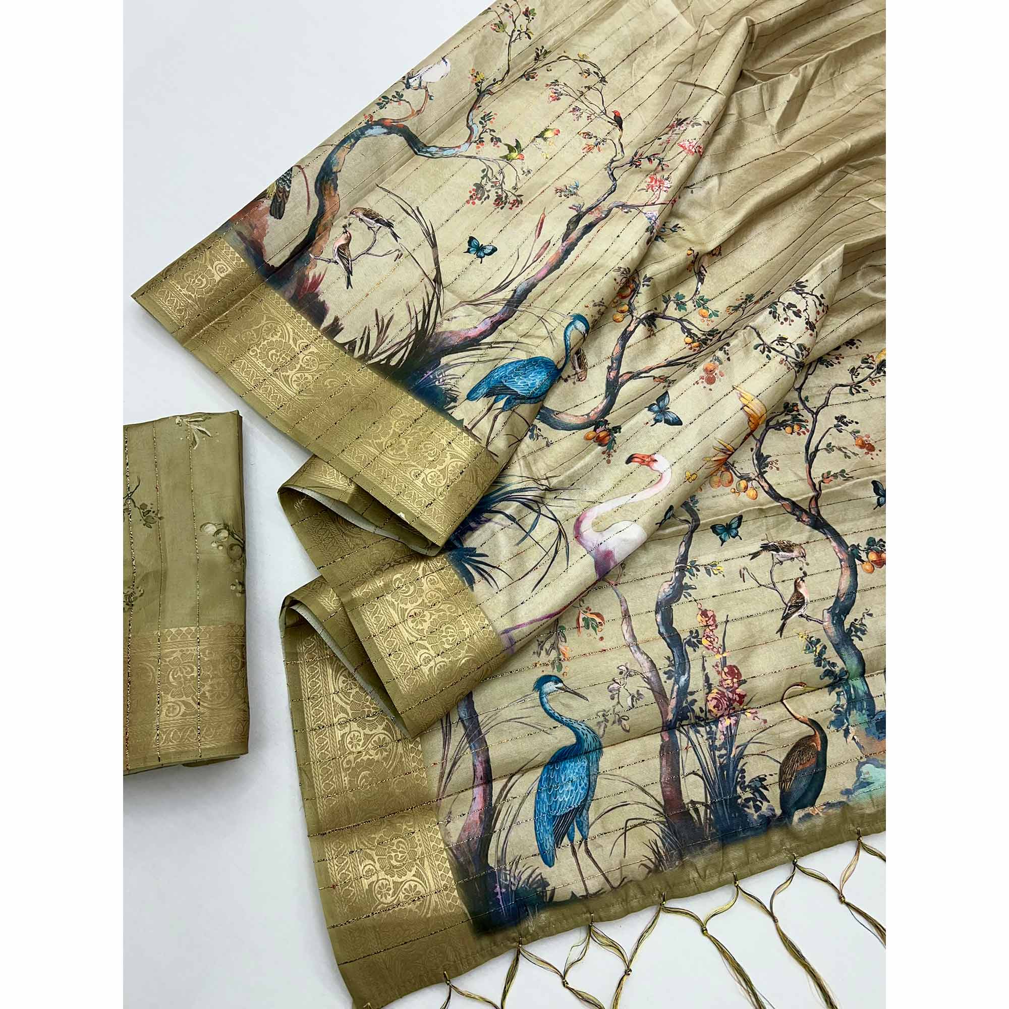 Majestic Chikoo Silk Blend Saree With Weaving Accents & Floral-Bird Digital Print Elegance - Image 3