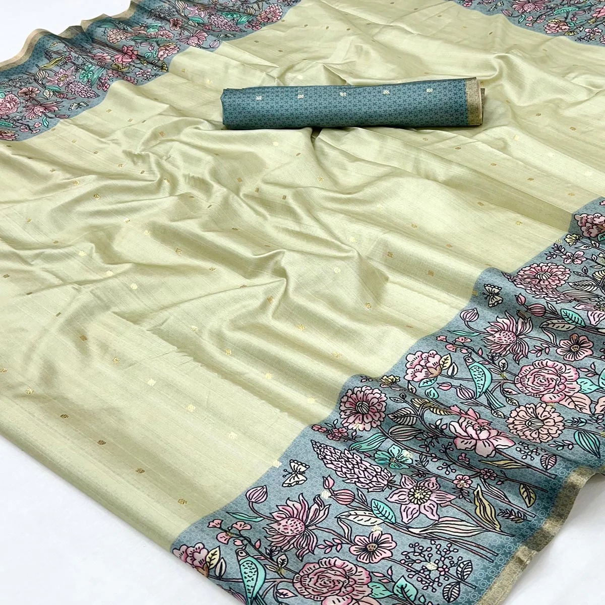 Majestic Chikoo & Teal Silk Blend Saree Enhanced With Floral Prints & Weaving Work - Image 2