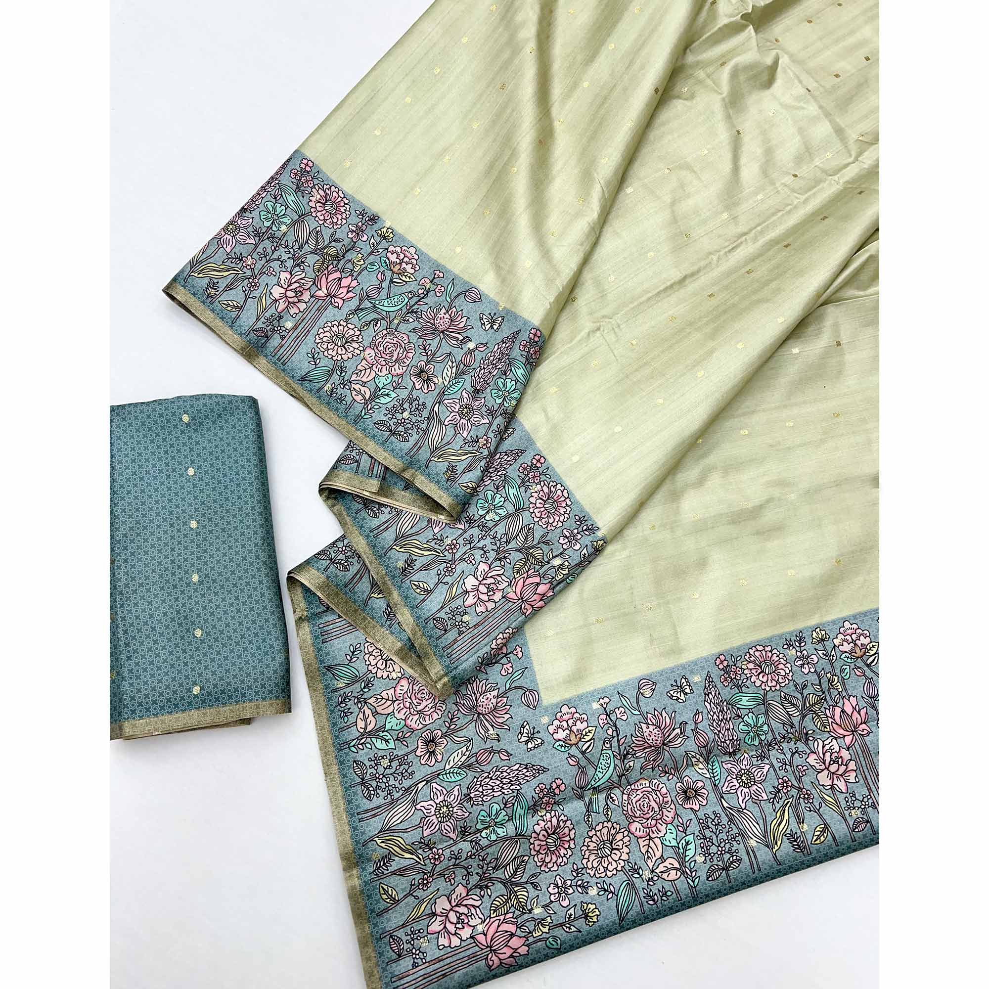 Majestic Chikoo & Teal Silk Blend Saree Enhanced With Floral Prints & Weaving Work - Image 3
