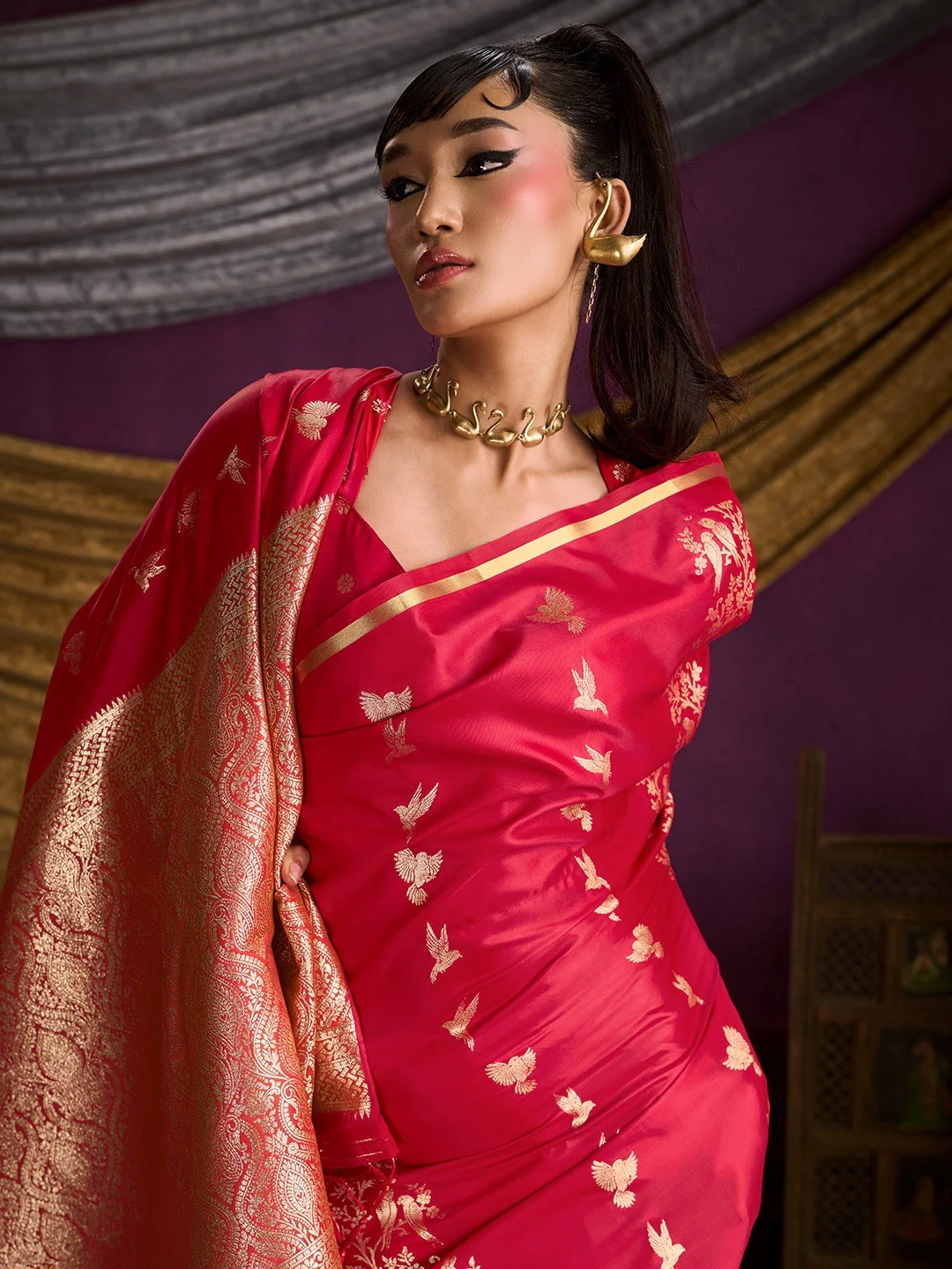 Majestic Crimson Red Floral Weaving Work Satin Saree Featuring Designer Tassels Pallu - Image 3