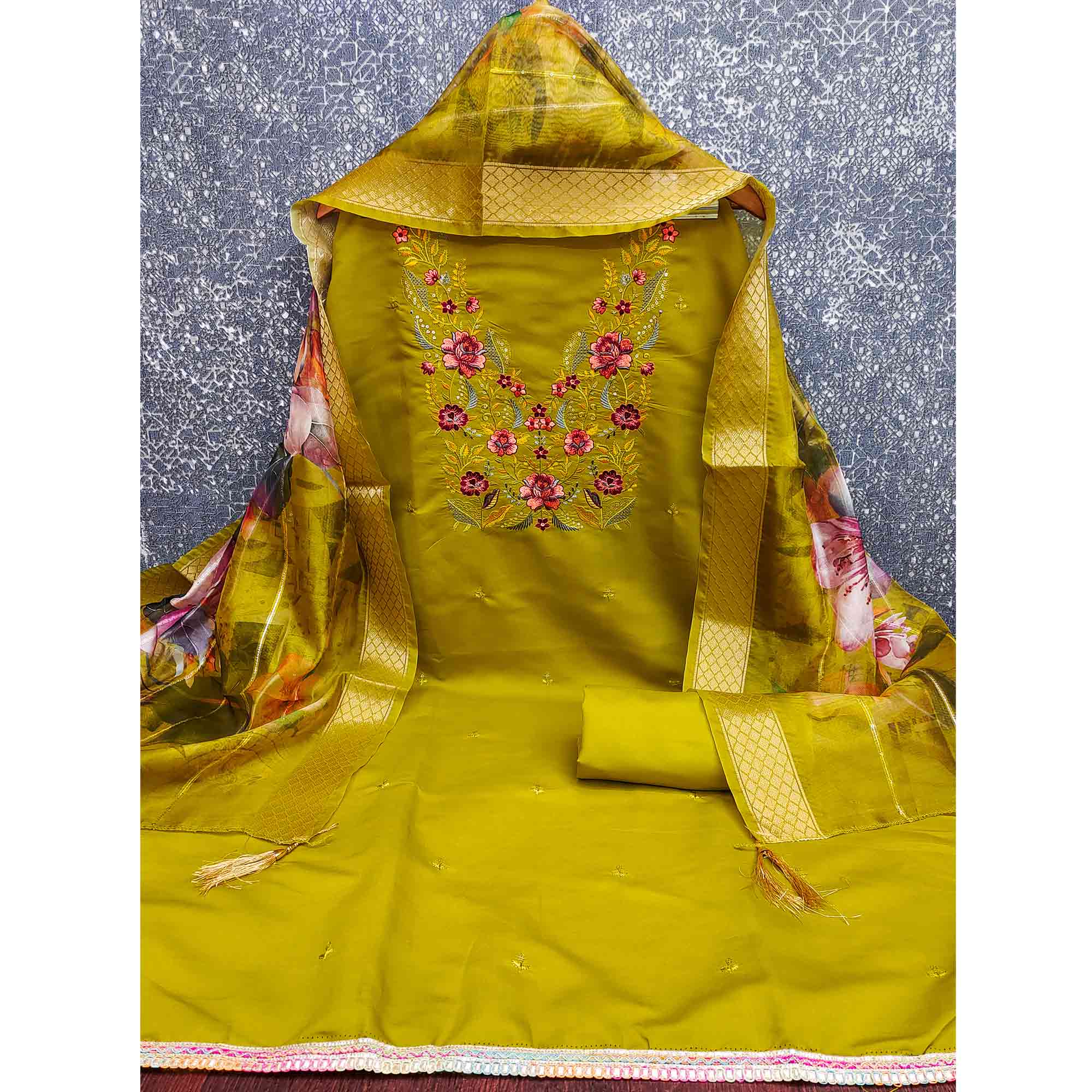 Majestic Green Bloom Floral Thread & Sequins Embroidered Roman Cotton Silk Dress Material - Image 4