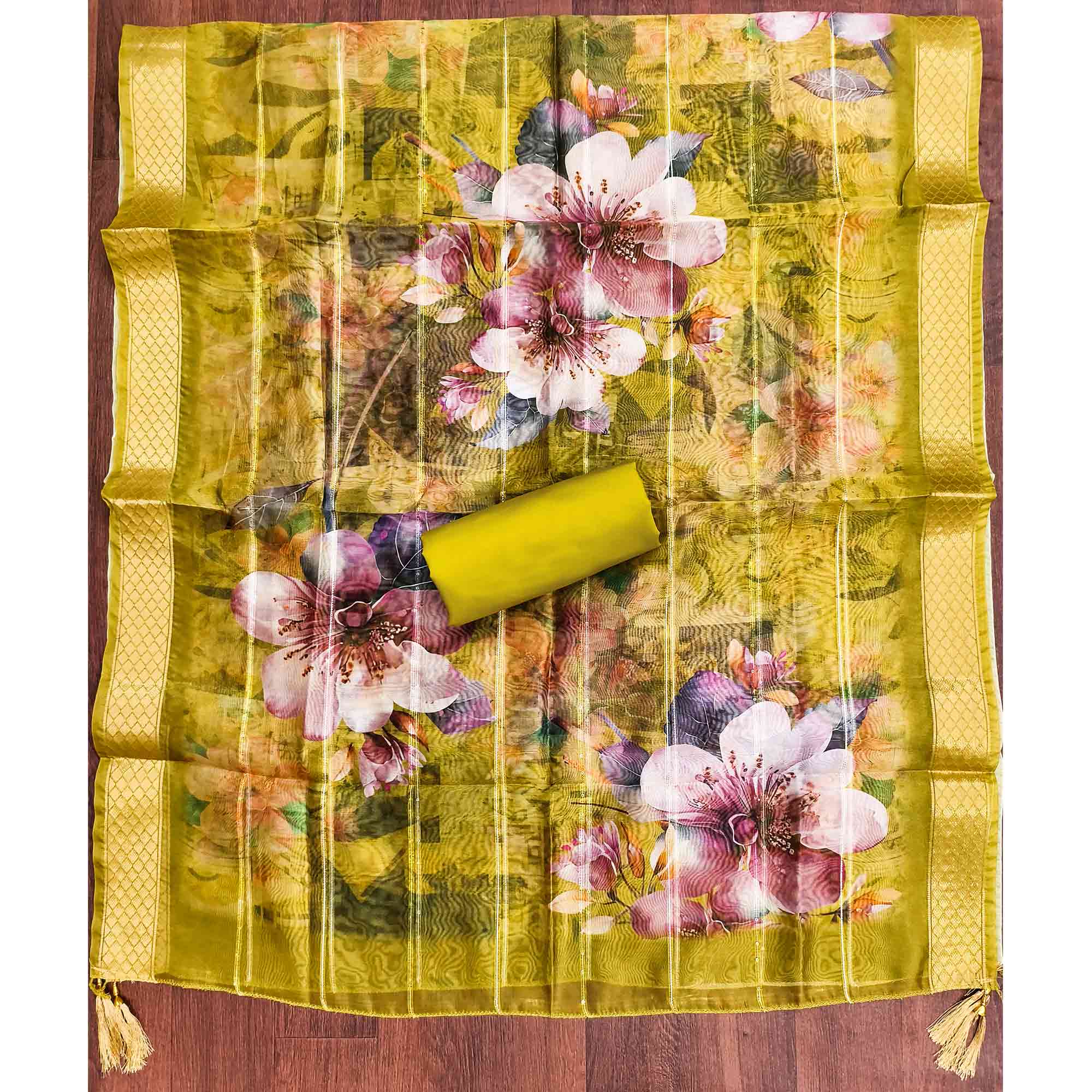 Majestic Green Bloom Floral Thread & Sequins Embroidered Roman Cotton Silk Dress Material - Image 5