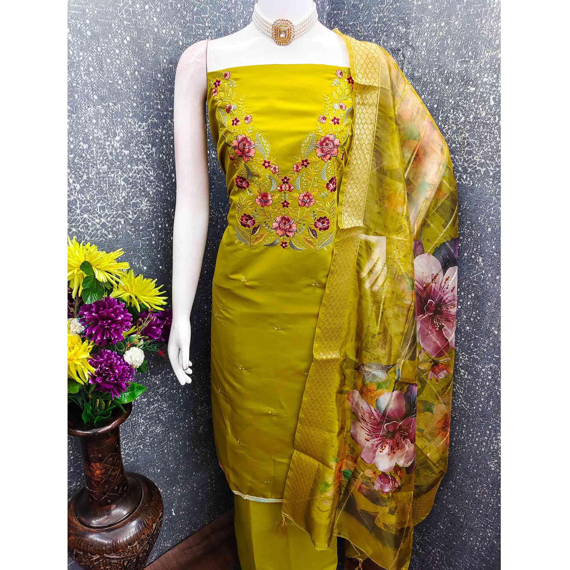 Majestic Green Bloom Floral Thread & Sequins Embroidered Roman Cotton Silk Dress Material - Image 6
