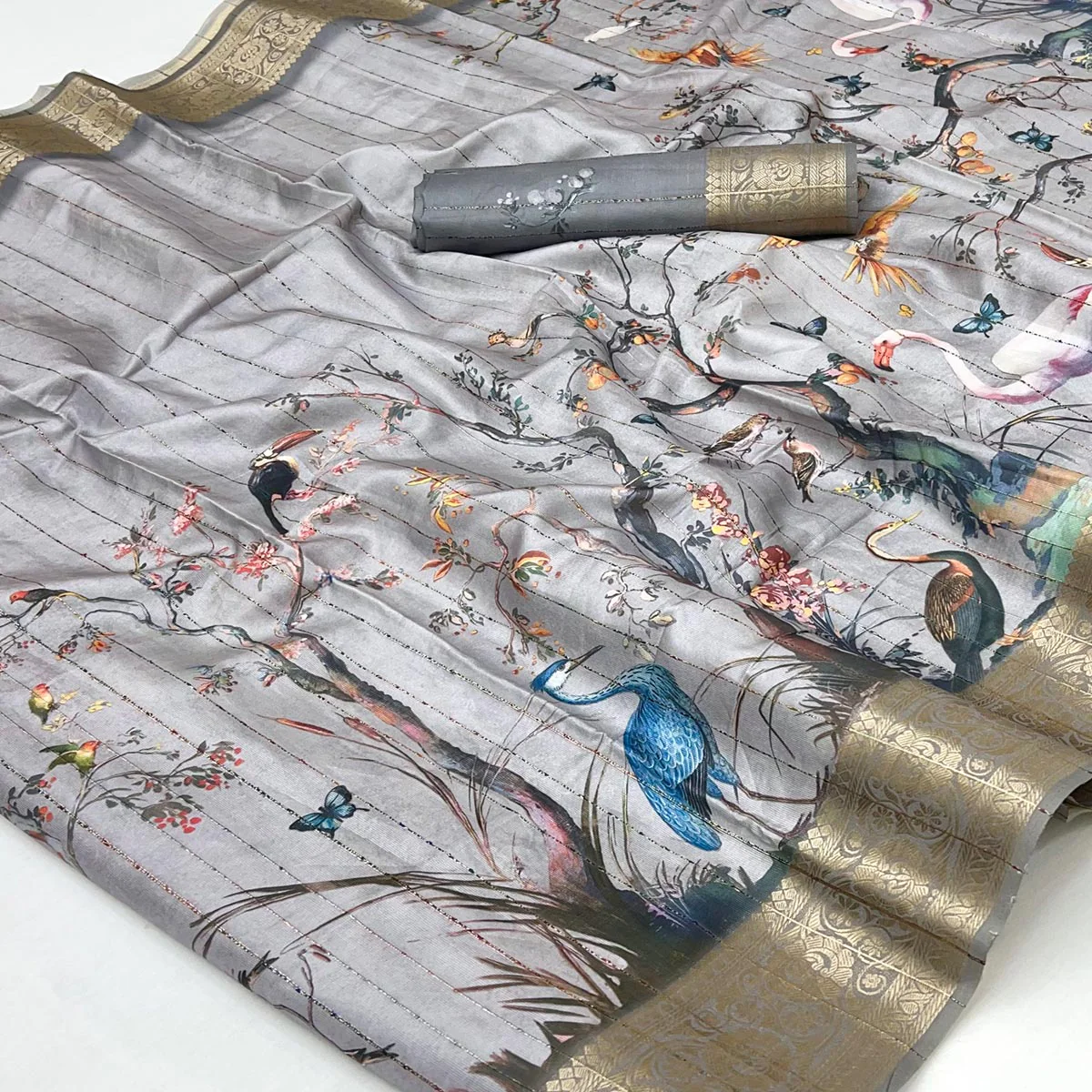 Majestic Grey Silk Blend Saree With Weaving Accents & Floral-Bird Digital Print Elegance - Image 2