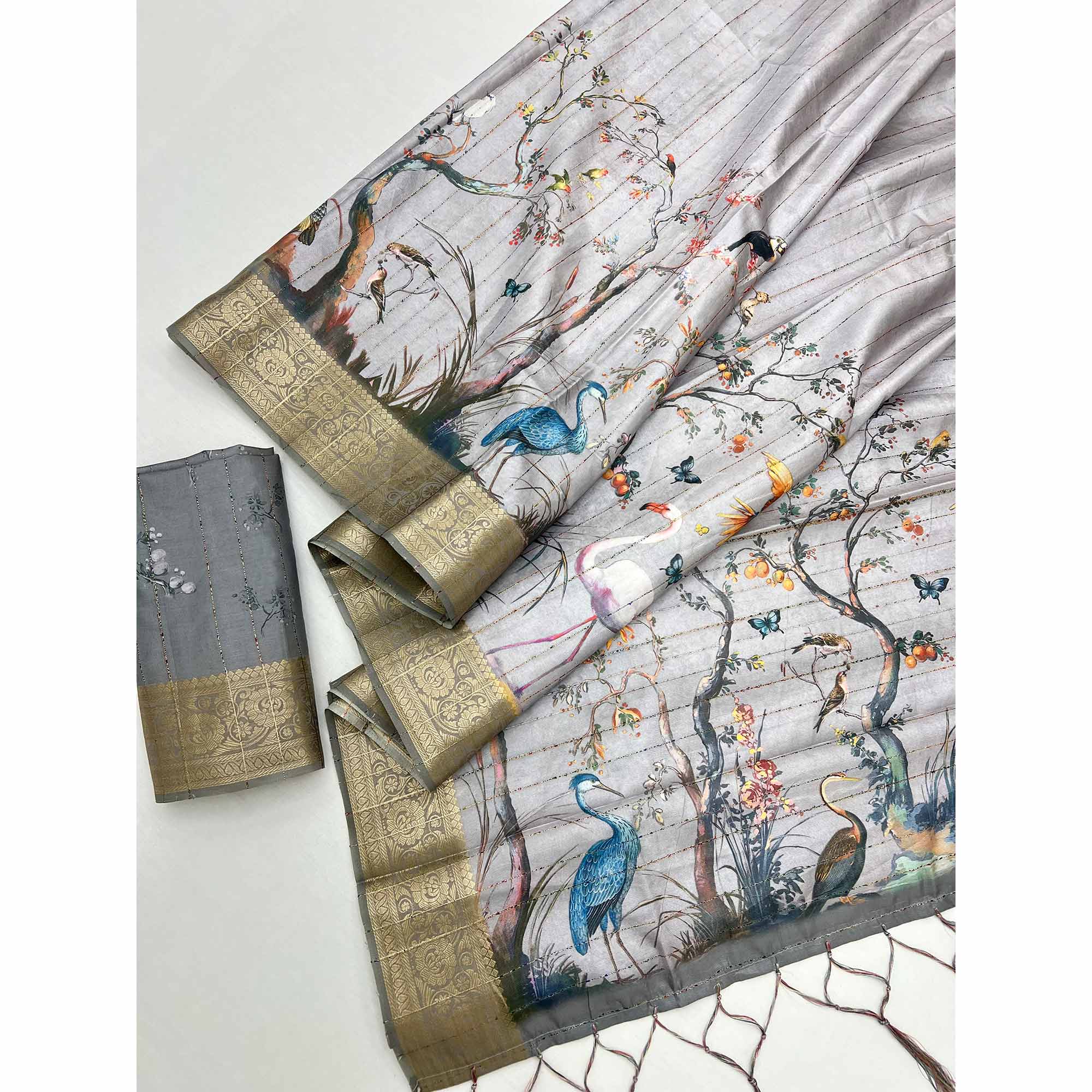 Majestic Grey Silk Blend Saree With Weaving Accents & Floral-Bird Digital Print Elegance - Image 3