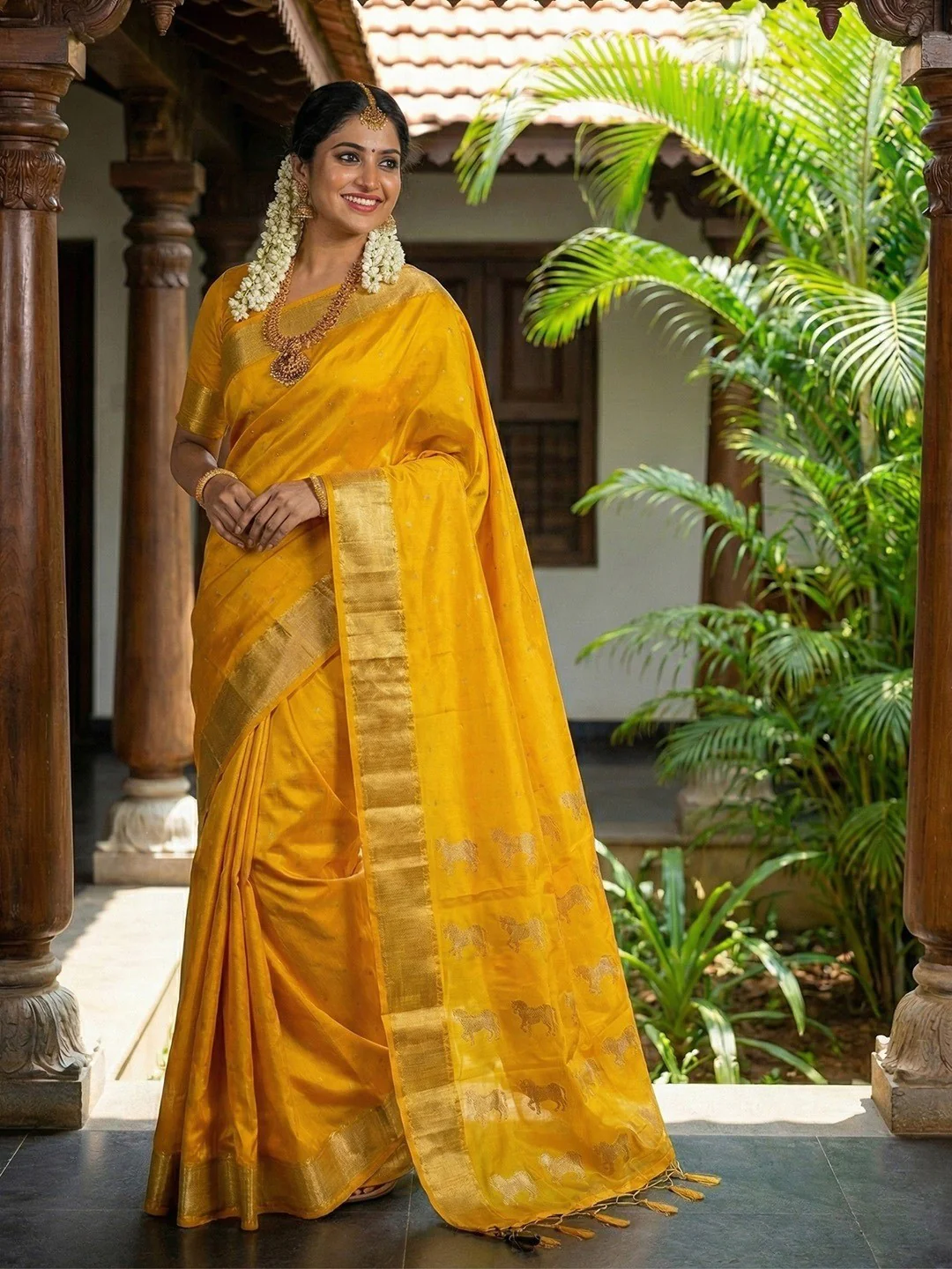 Majestic Mustard Horse Motif Woven Soft Silk Blend Saree With Designer Tassel Pallu