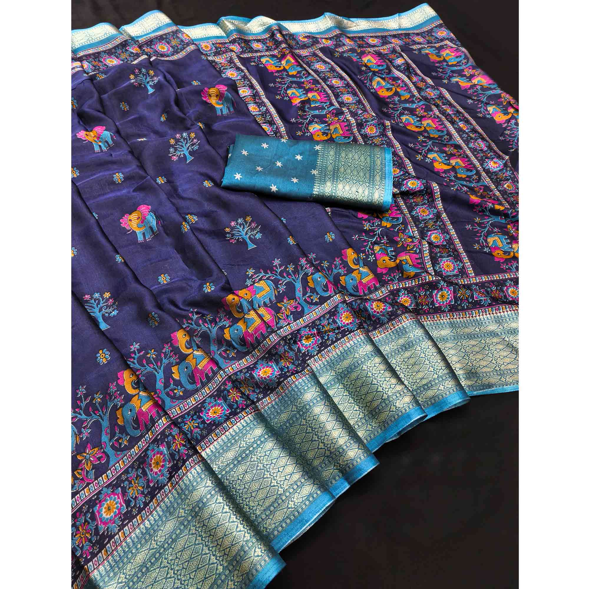 Majestic Navy Blue Elephant & Floral Printed Dola Silk Saree Featuring Intricate Weaving Border - Image 3