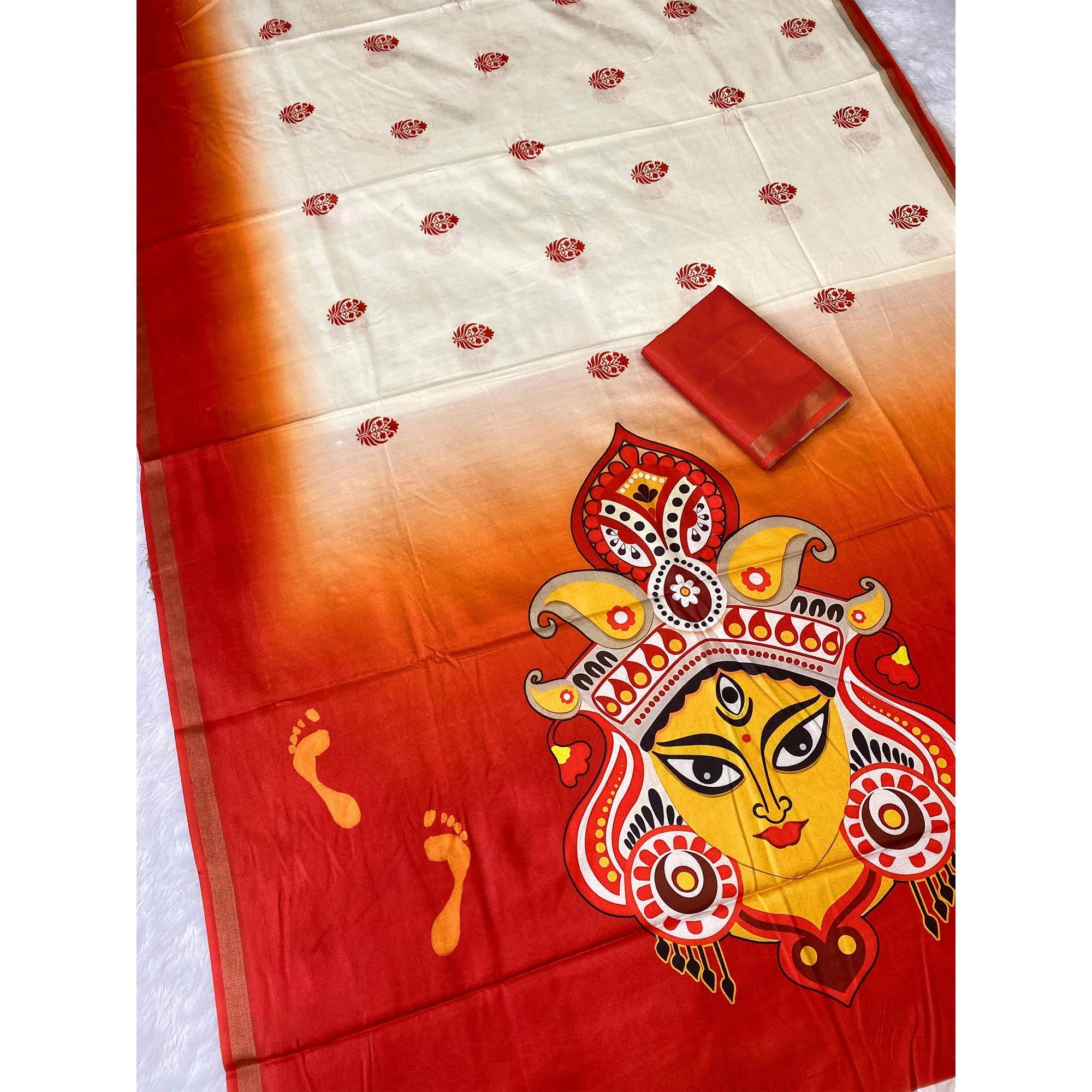 Majestic Offwhite & Red Durga Maa Digital Printed Saree With Sacred Motifs & Contrast Border - Image 4