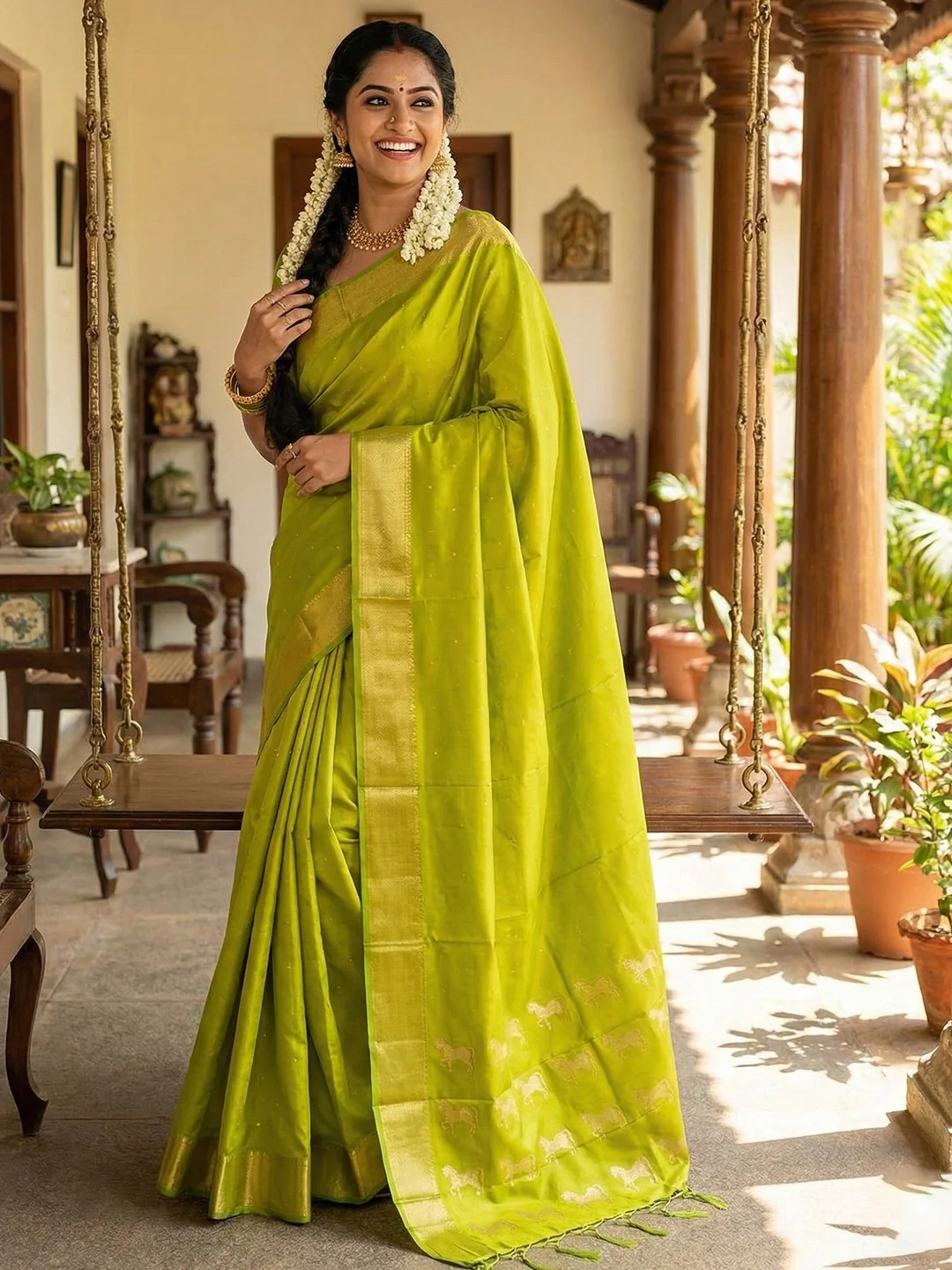 Majestic Parrot Green Horse Motif Woven Soft Silk Blend Saree With Designer Tassel Pallu