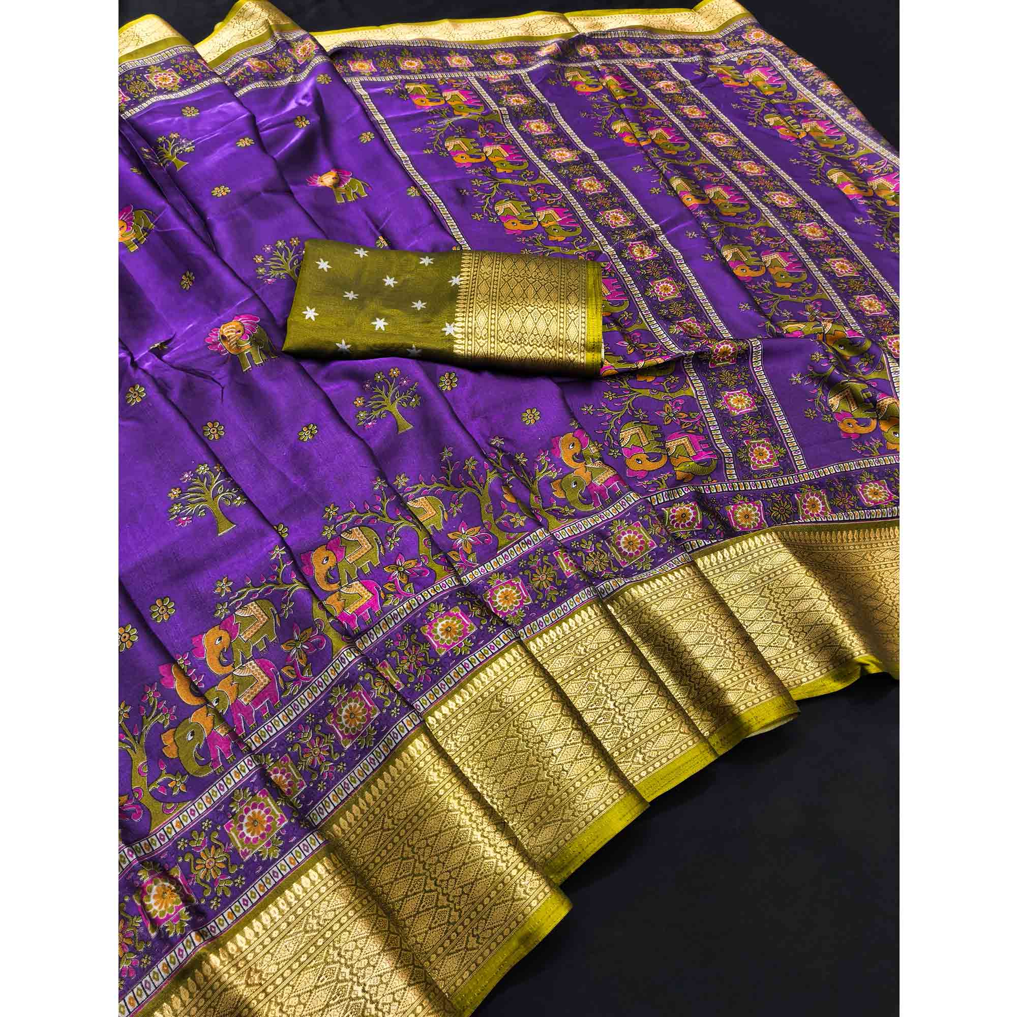 Majestic Purple Elephant & Floral Printed Dola Silk Saree Featuring Intricate Weaving Border - Image 3