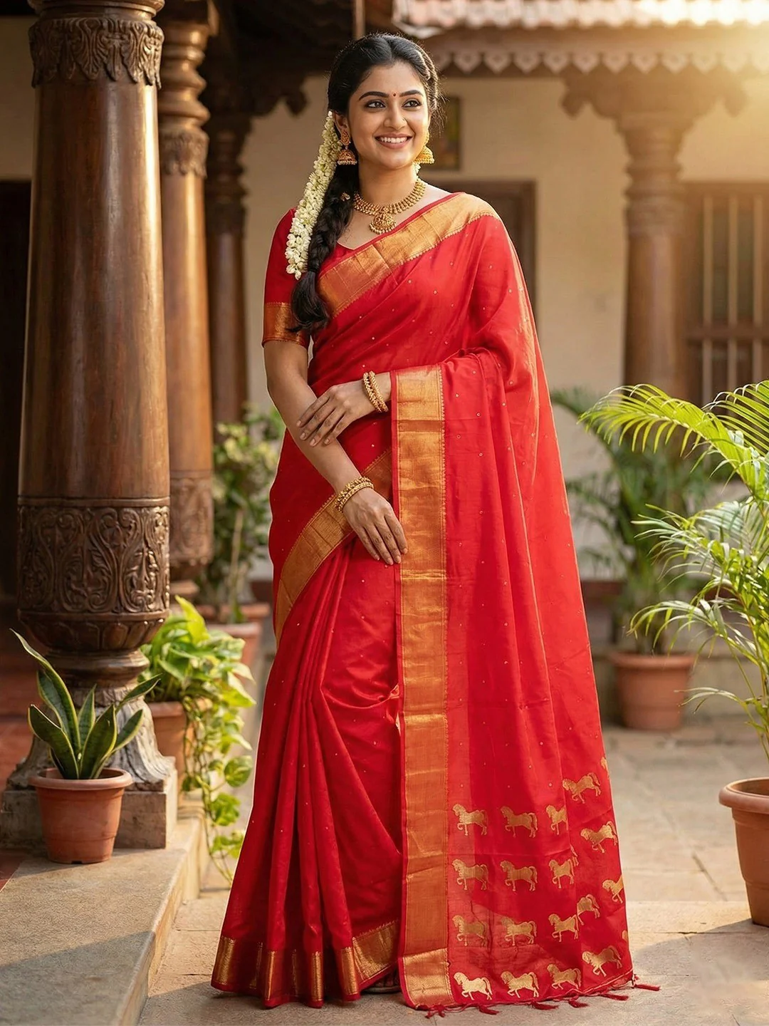 Majestic Red Horse Motif Woven Soft Silk Blend Saree With Designer Tassel Pallu