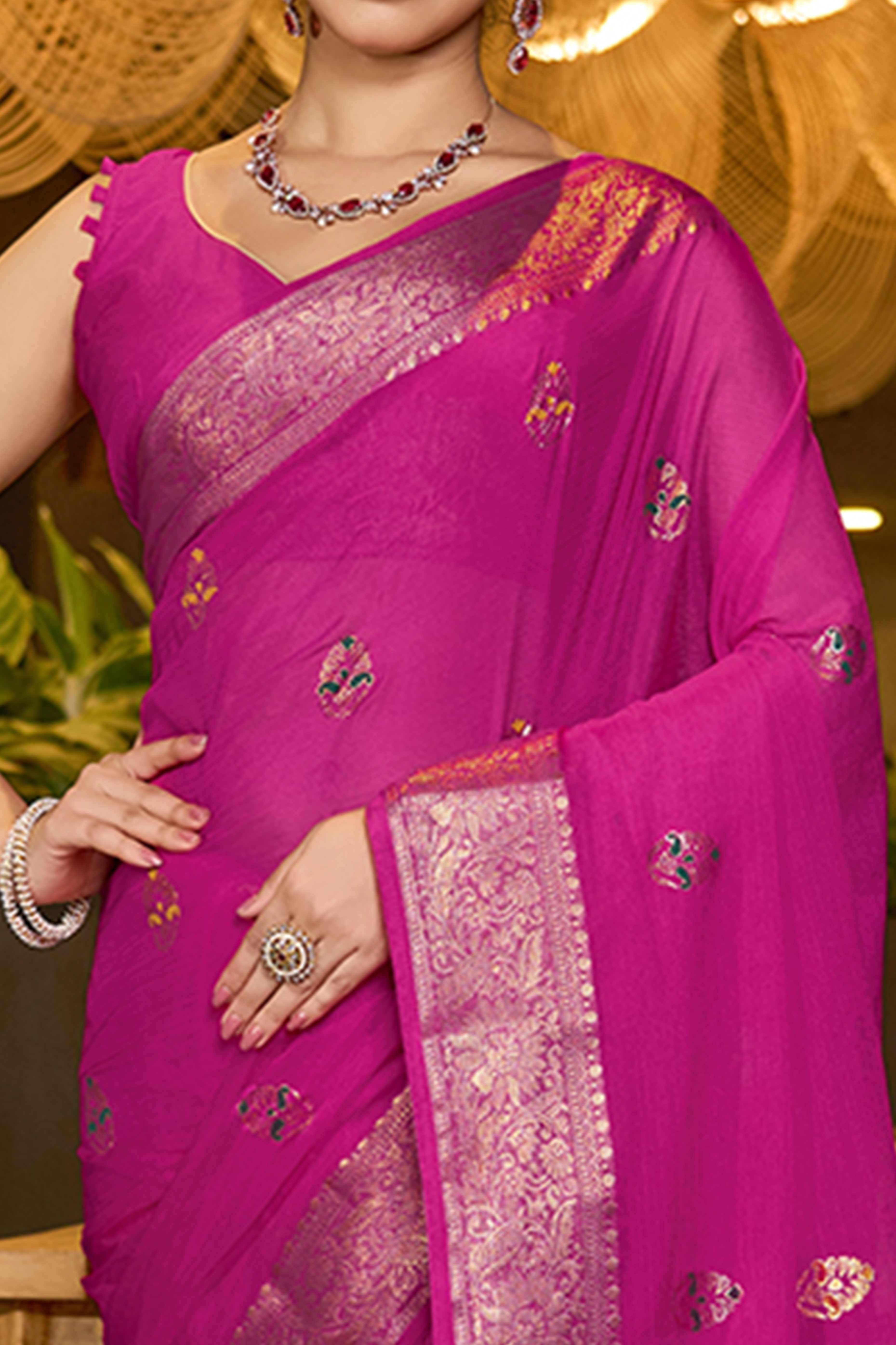 Make A Regal Statement In Pink Floral Woven Chinon Silk Saree - Image 2
