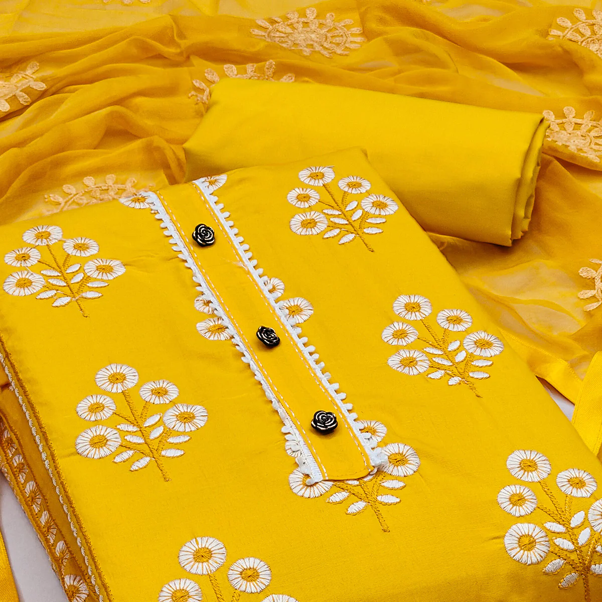 Make a Statement with Yellow Floral Thread Embroidered Cotton Blend Dress Material - Image 2