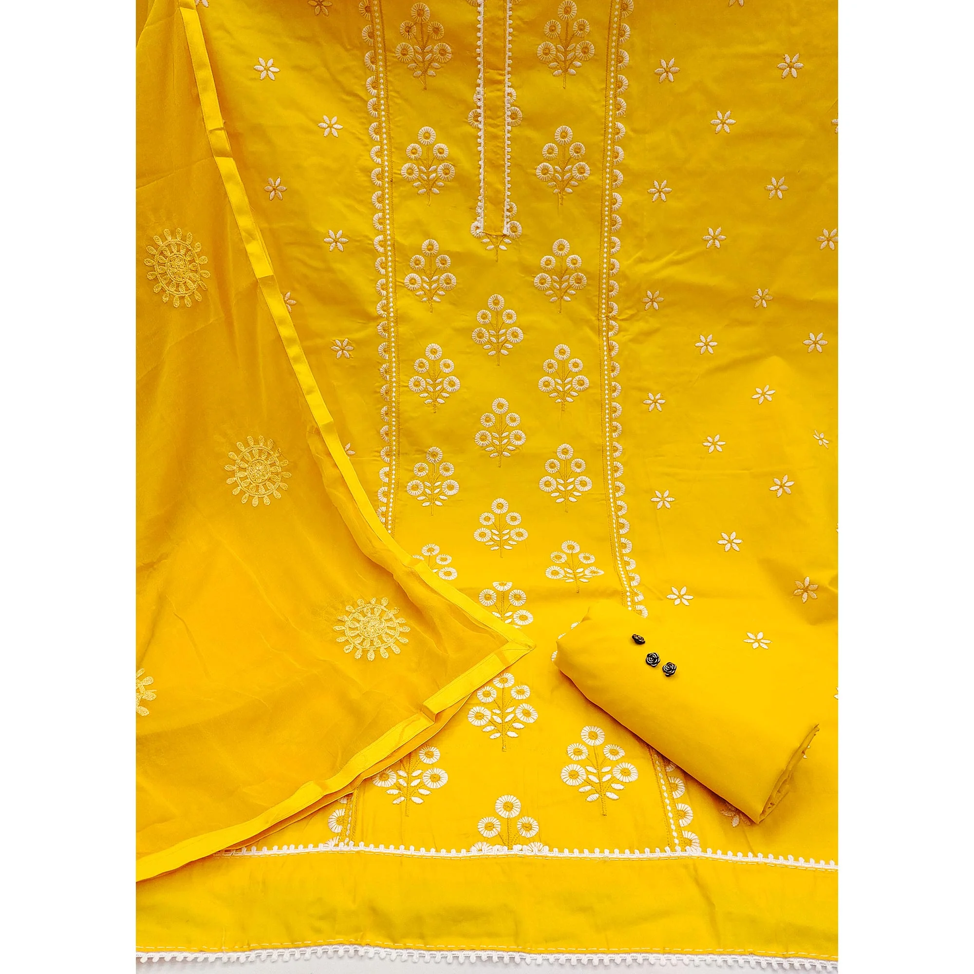 Make a Statement with Yellow Floral Thread Embroidered Cotton Blend Dress Material - Image 3