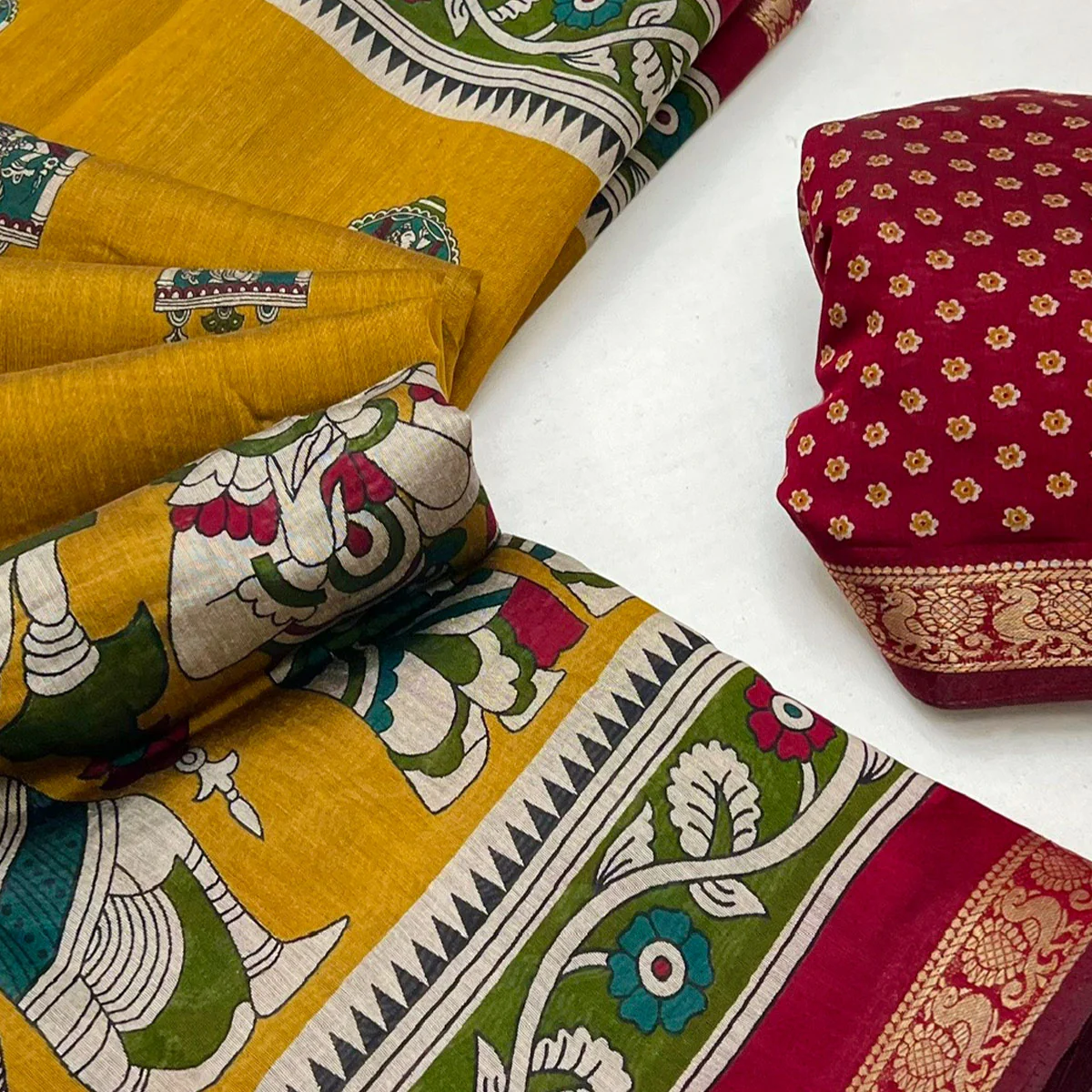 Mangalagiri Cotton Silk Saree in Mustard with Artistic Pattachitra Prints - Image 2