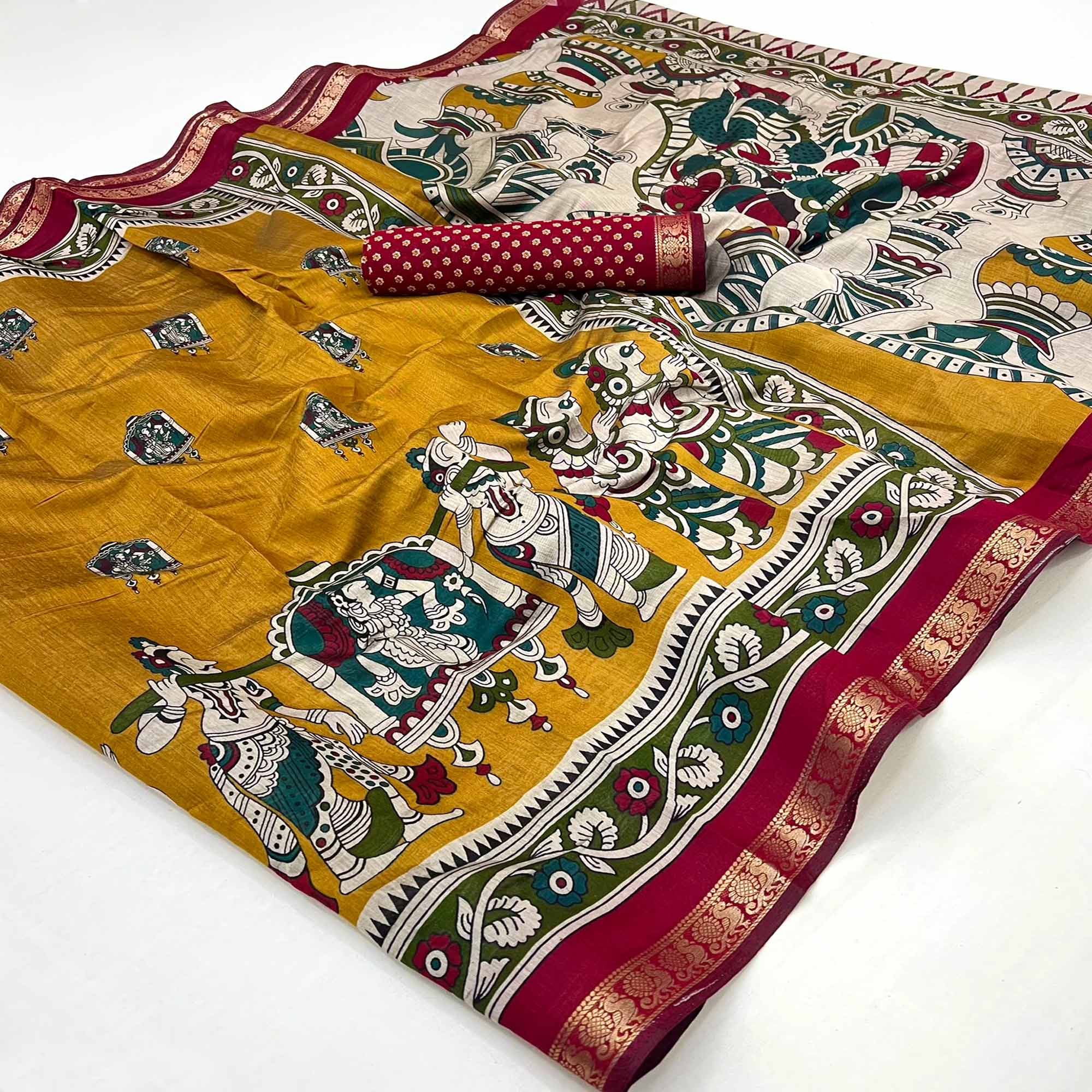 Mangalagiri Cotton Silk Saree in Mustard with Artistic Pattachitra Prints - Image 3