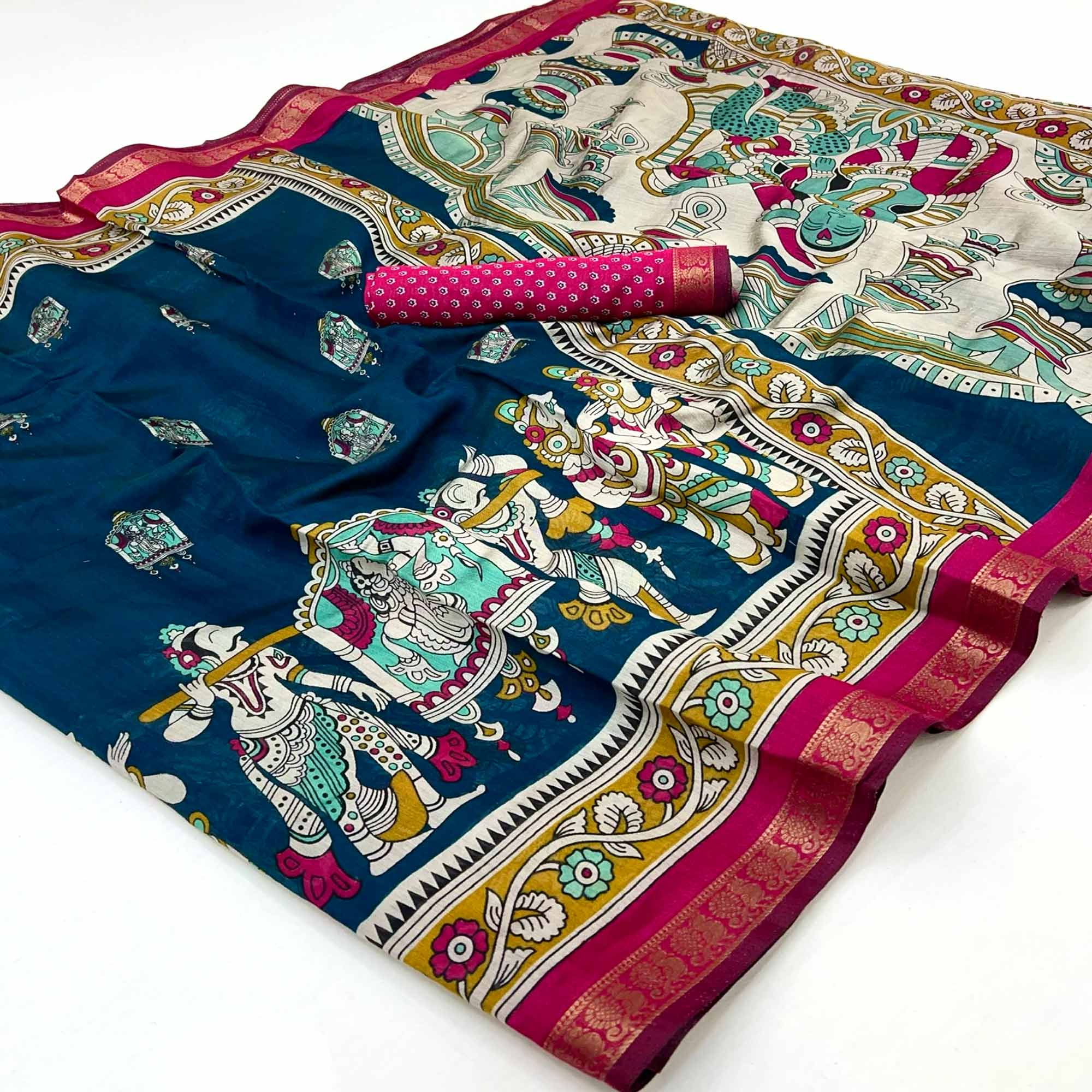 Mangalagiri Cotton Silk Saree in Teal with Artistic Pattachitra Prints - Image 3