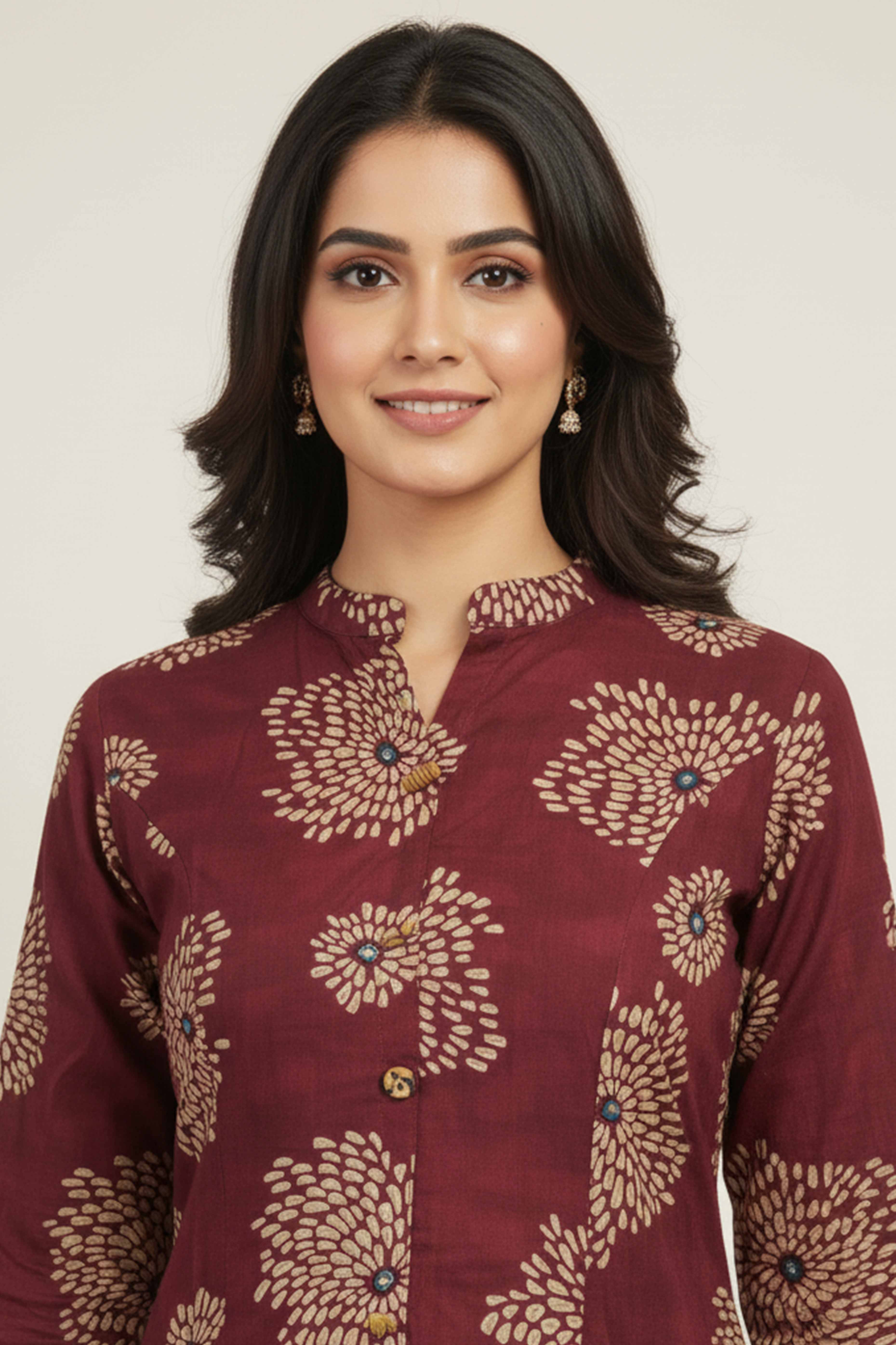 Maroon A-Line Kurti in Rayon with Stylish Foil Floral Pattern - Image 2