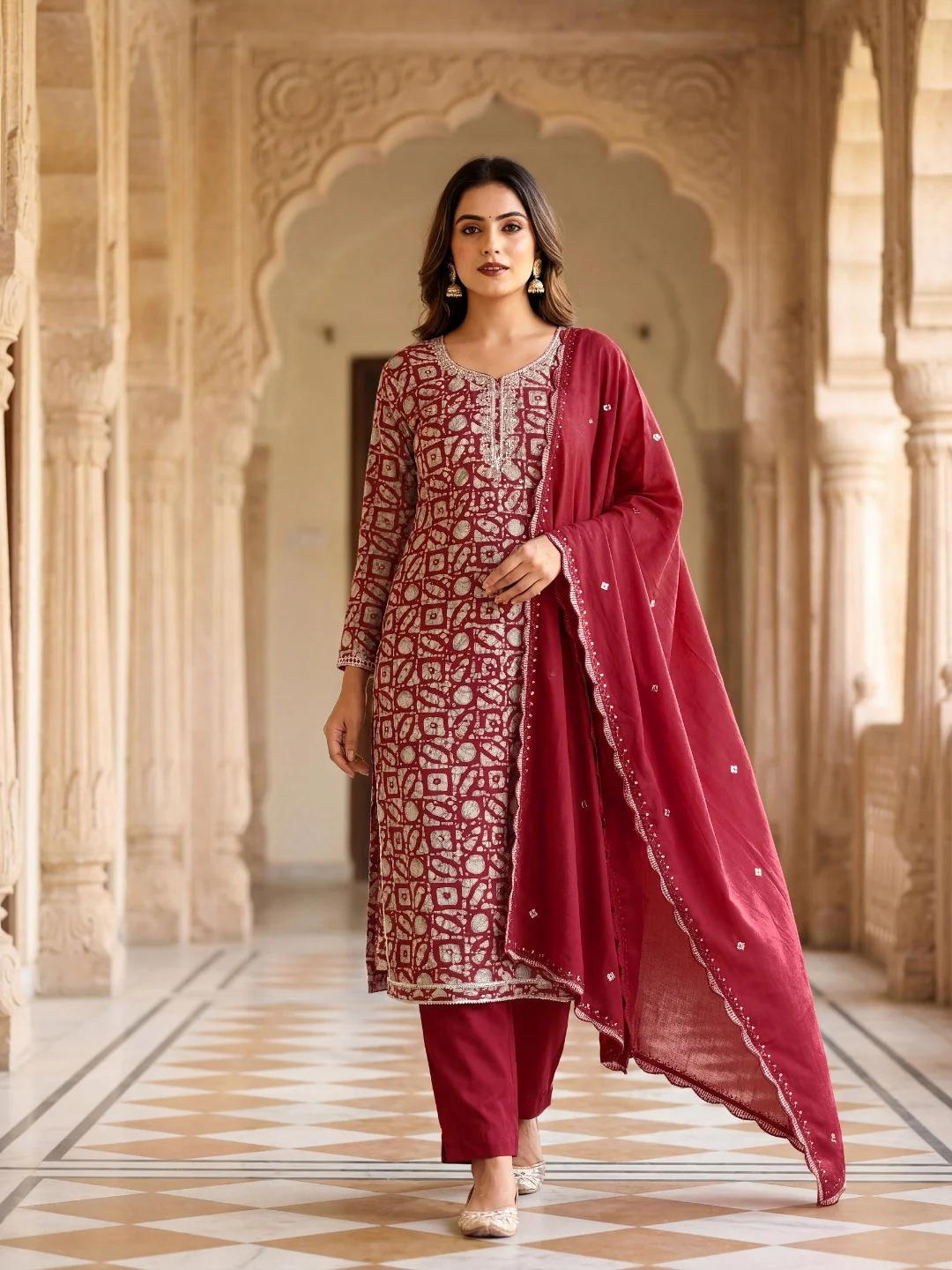 Maroon Abstract Printed Silk Blend Semi-Stitched Suit Set