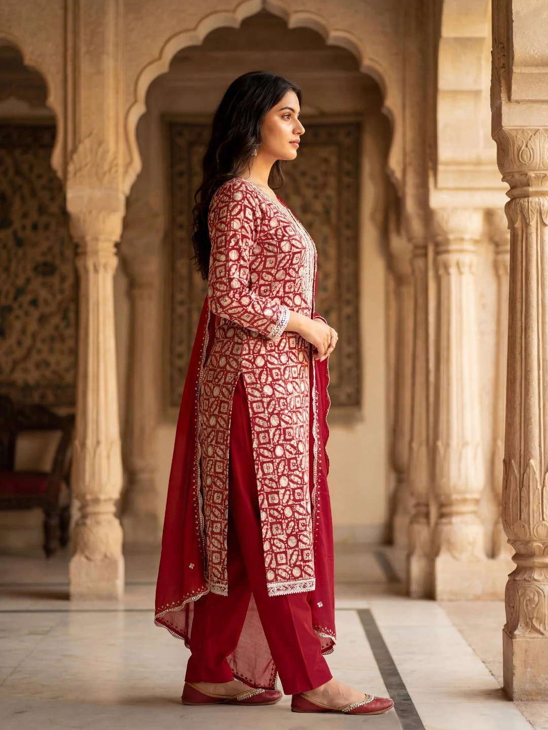 Maroon Abstract Printed Silk Blend Semi-Stitched Suit Set - Image 5