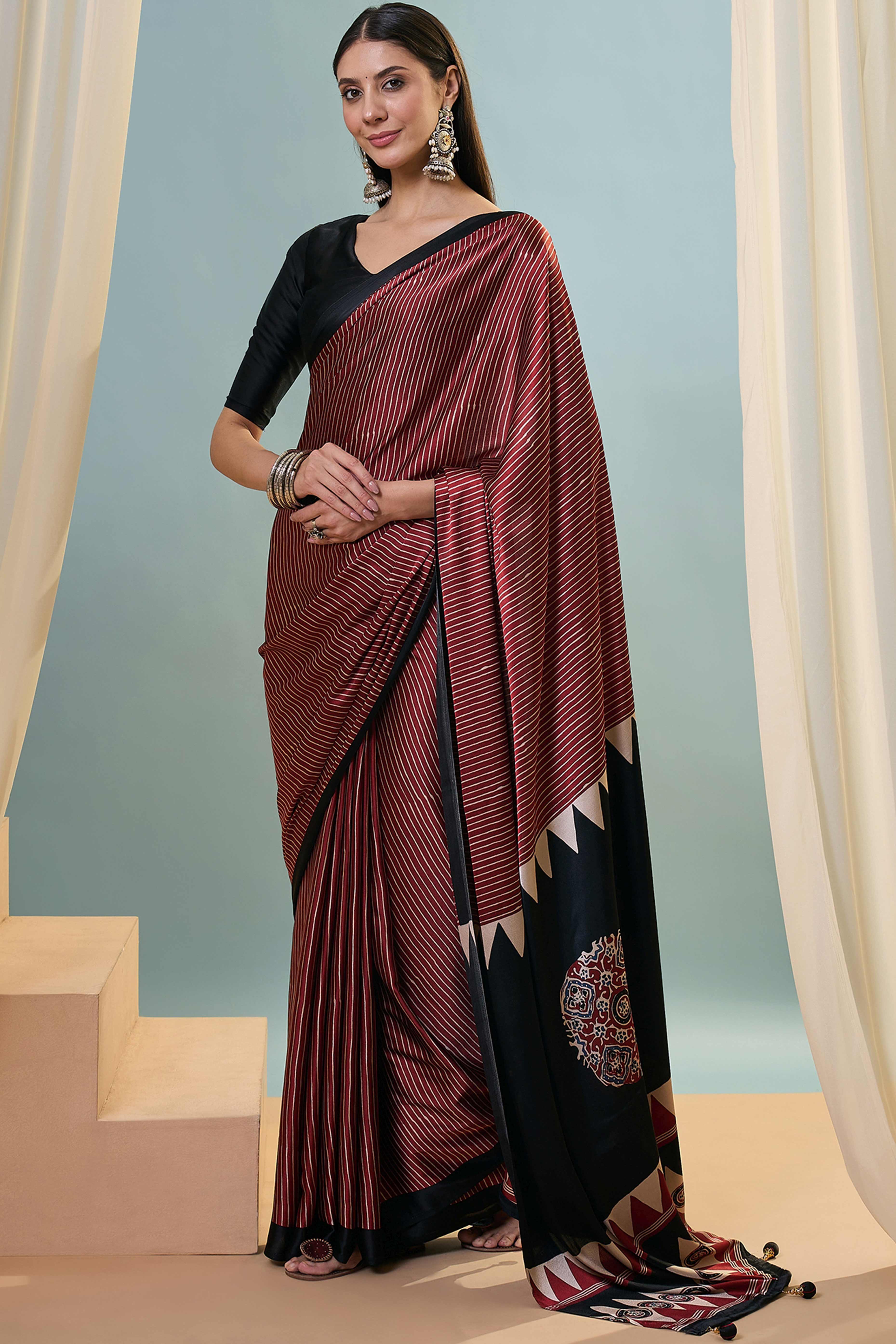 Maroon Ajrakh Print Satin Saree With Traditional Charm - Image 3