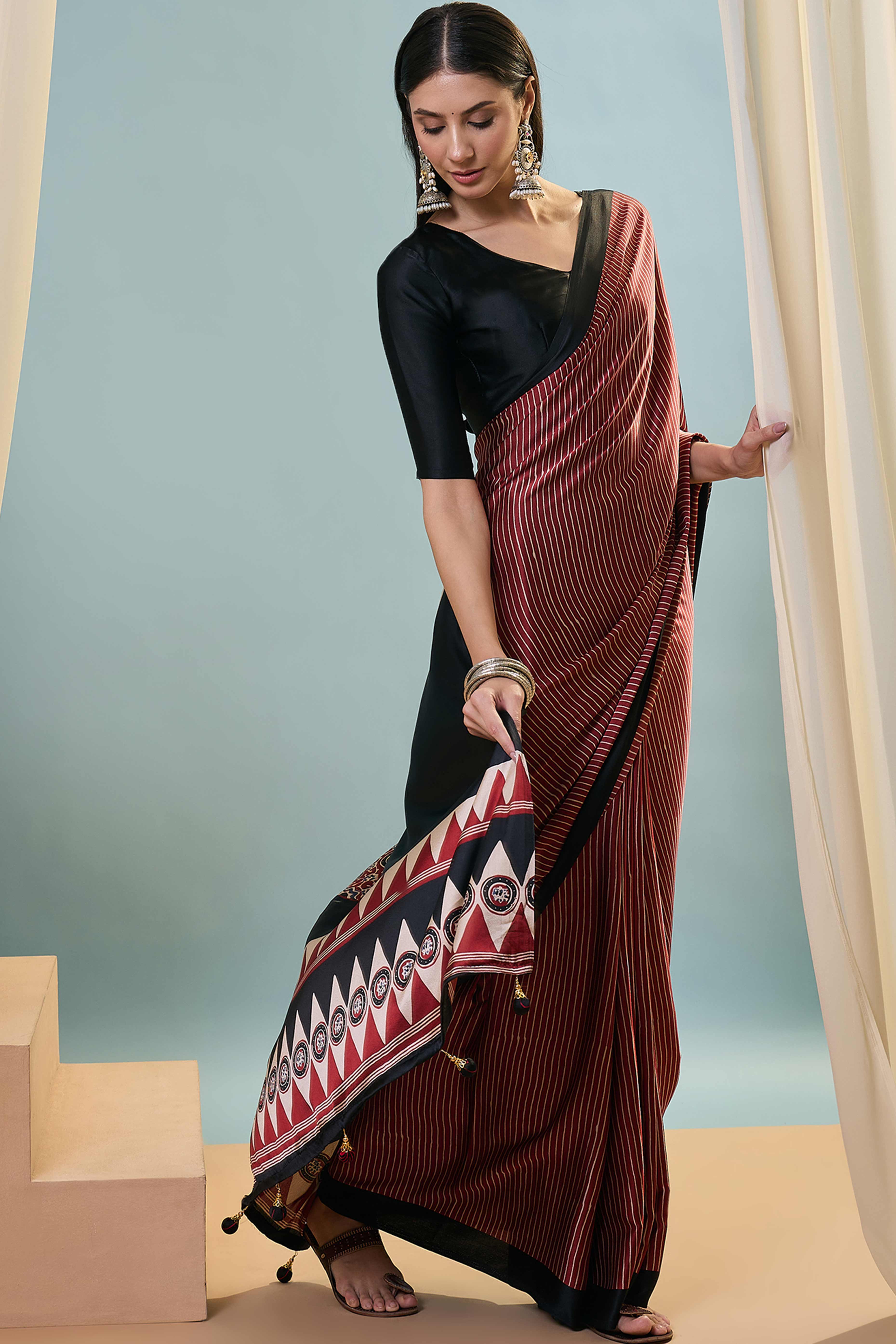 Maroon Ajrakh Print Satin Saree With Traditional Charm - Image 4