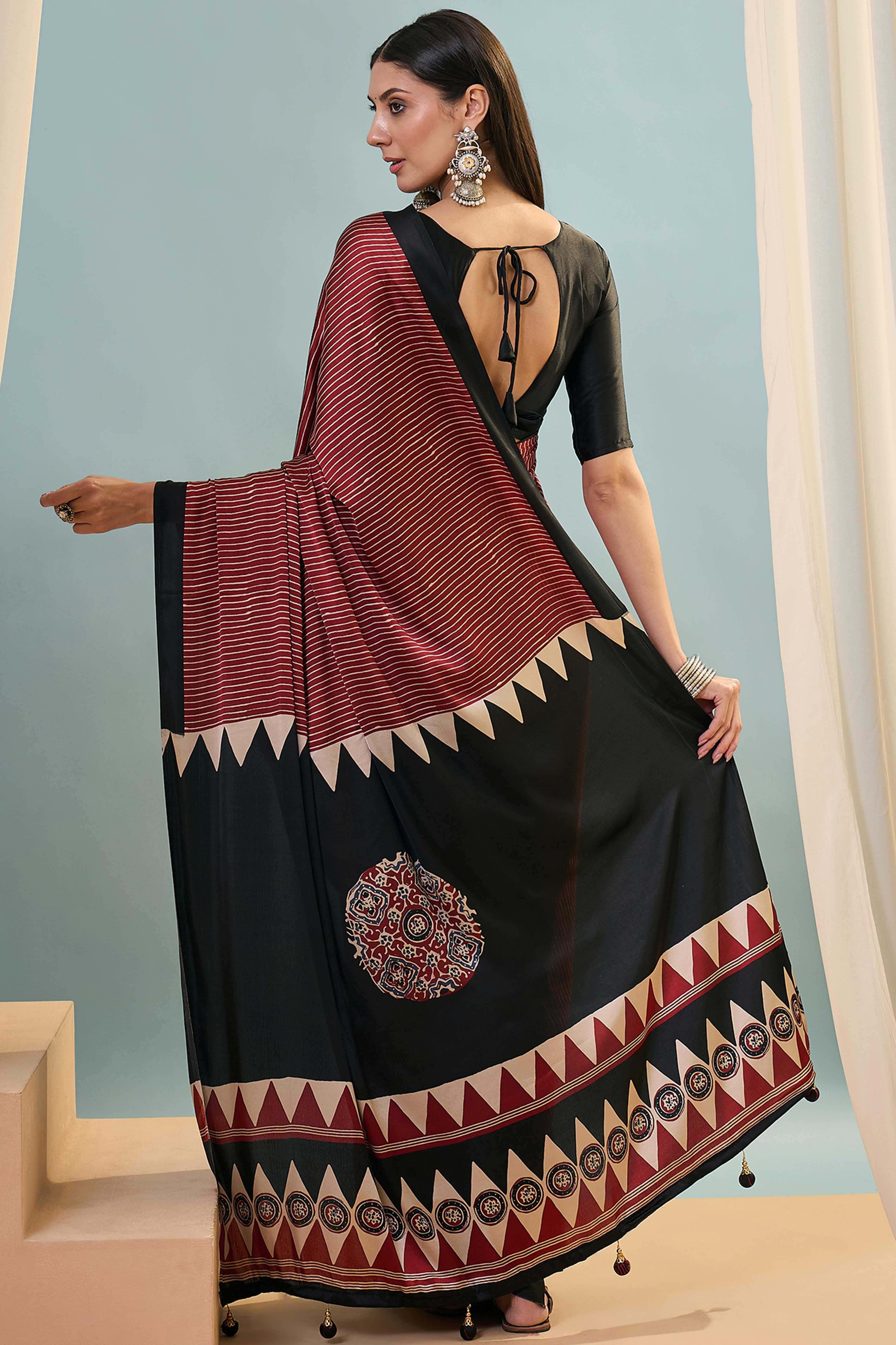 Maroon Ajrakh Print Satin Saree With Traditional Charm - Image 5