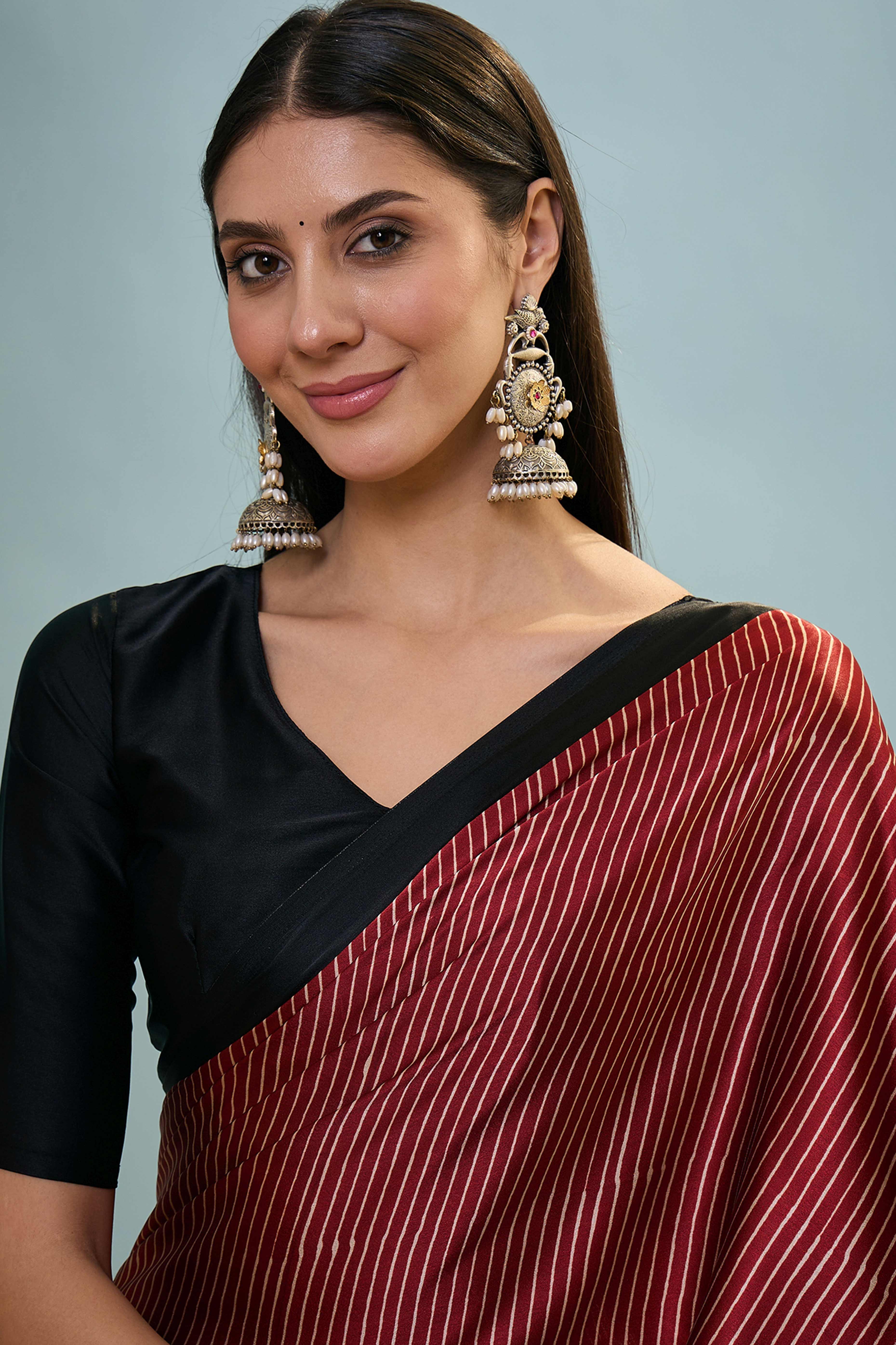Maroon Ajrakh Print Satin Saree With Traditional Charm - Image 7