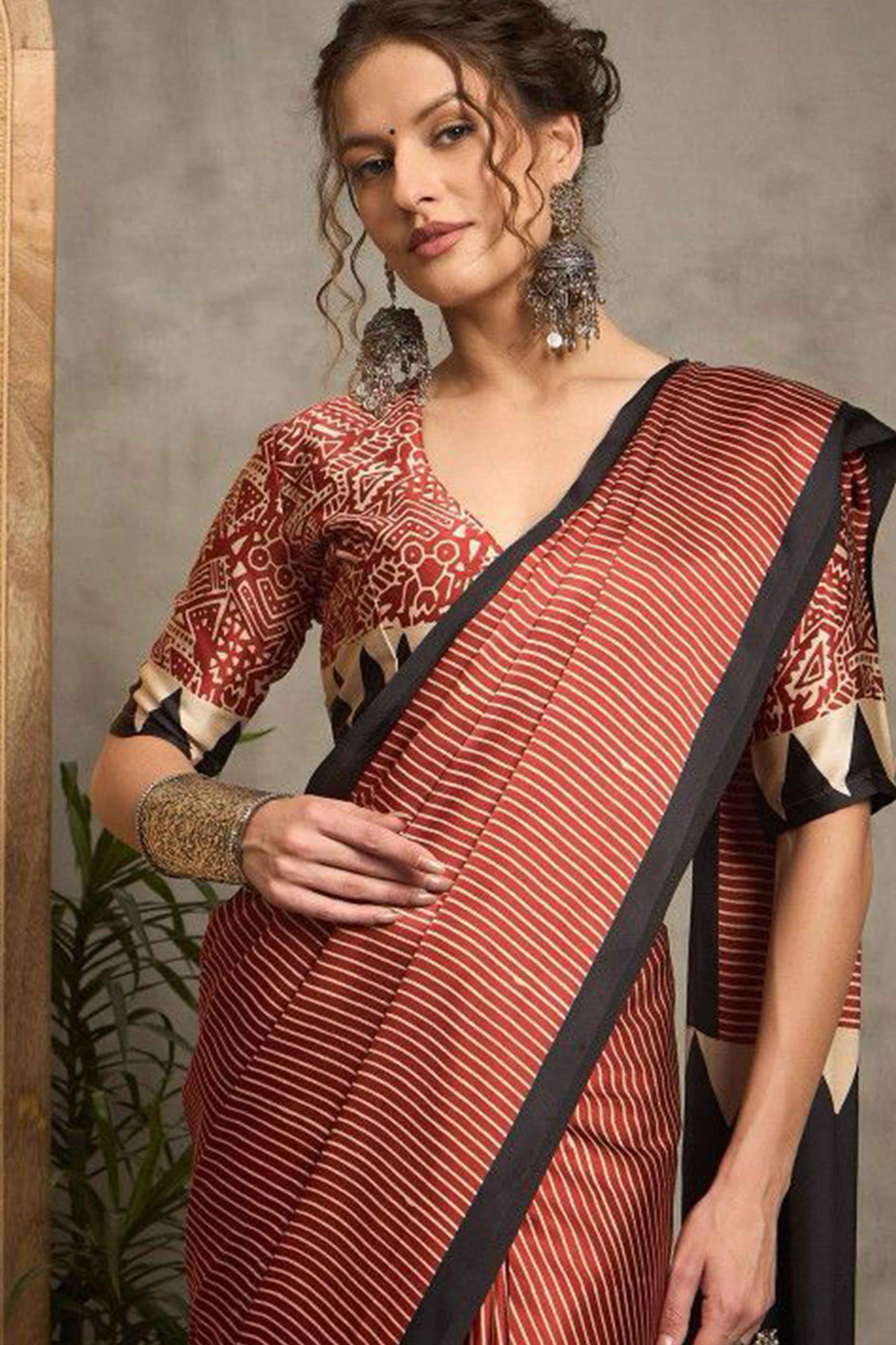 Maroon Ajrakh Print Satin Saree with Traditional Charm - Image 4