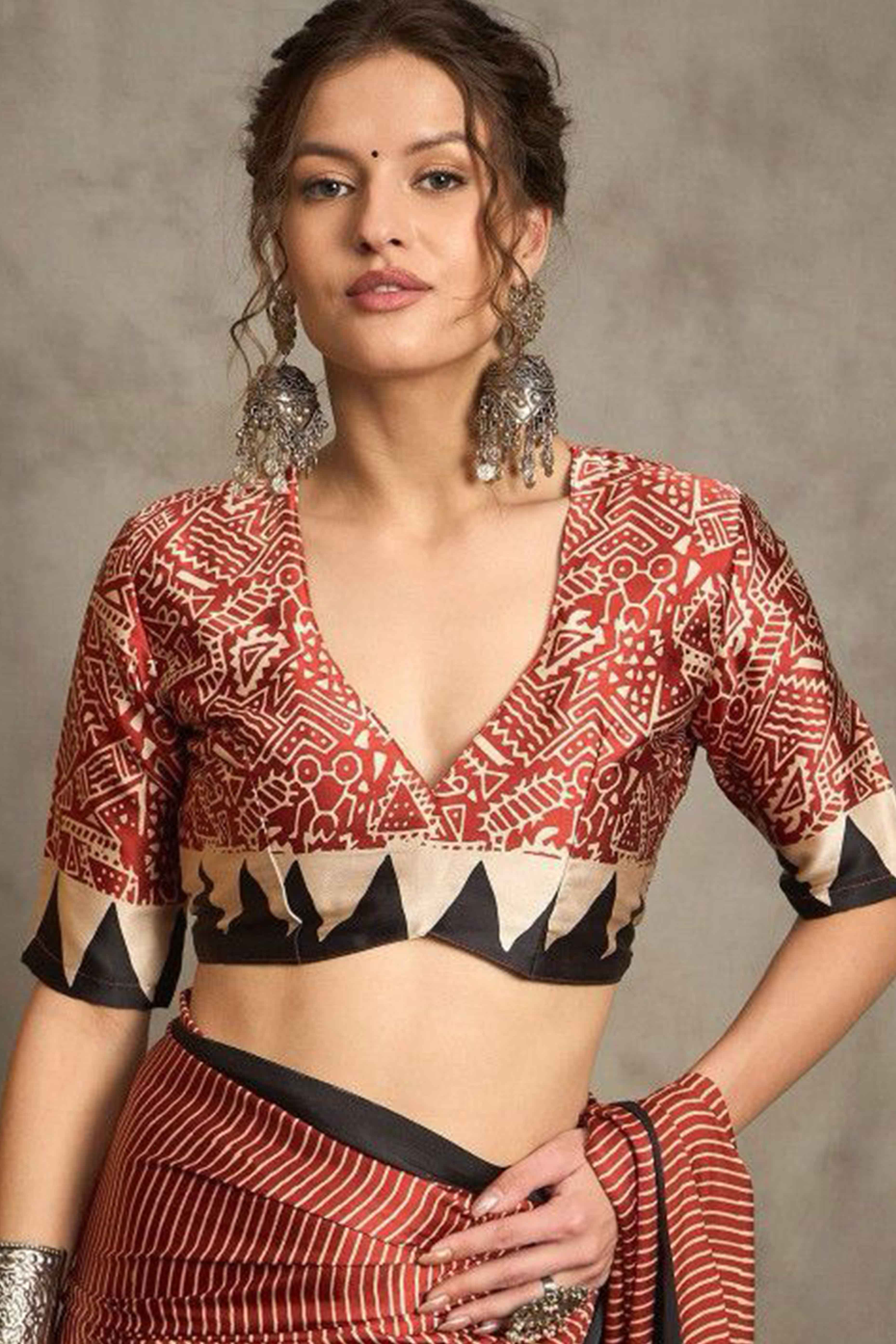 Maroon Ajrakh Print Satin Saree with Traditional Charm - Image 5