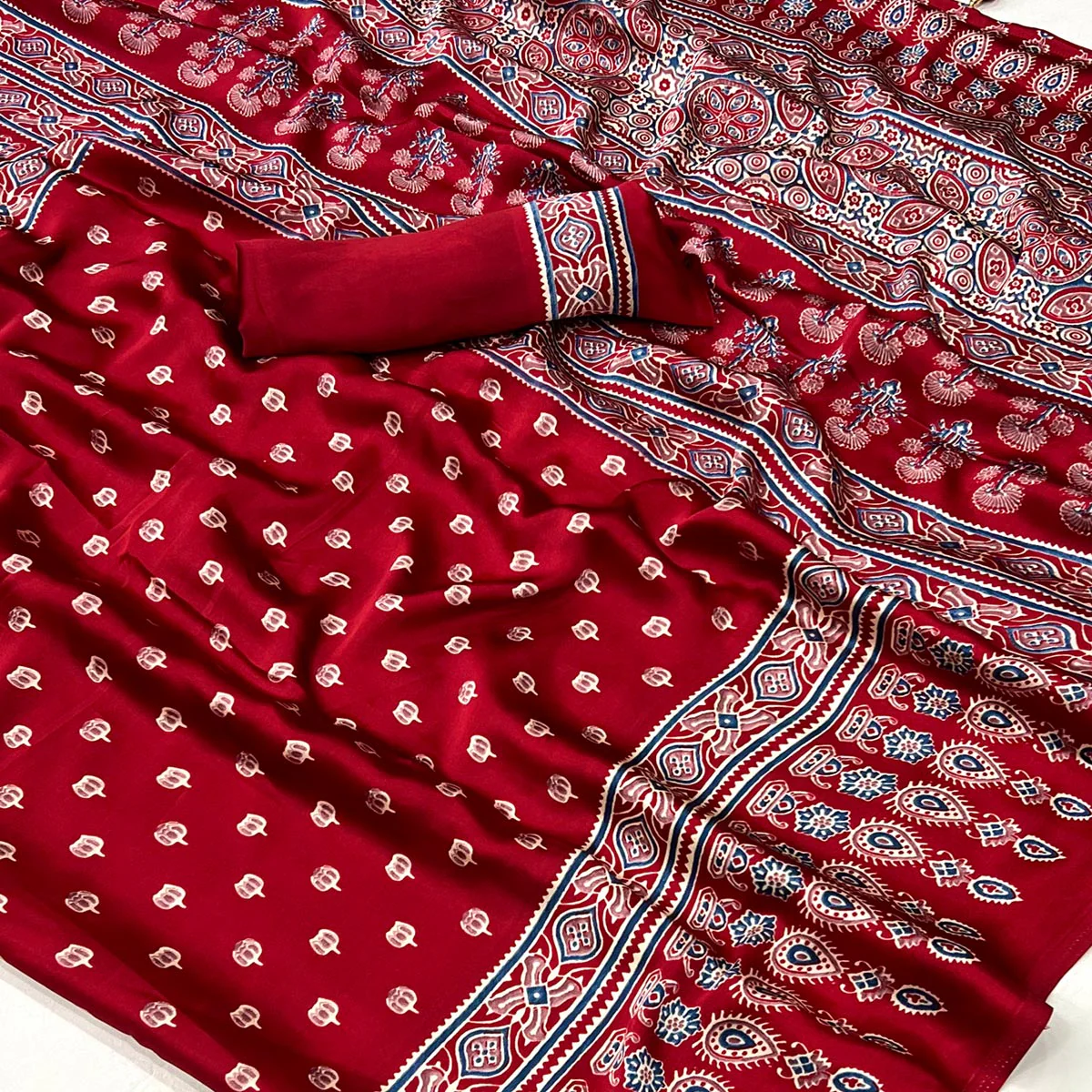 Maroon Ajrakh Printed Satin Saree - Image 2