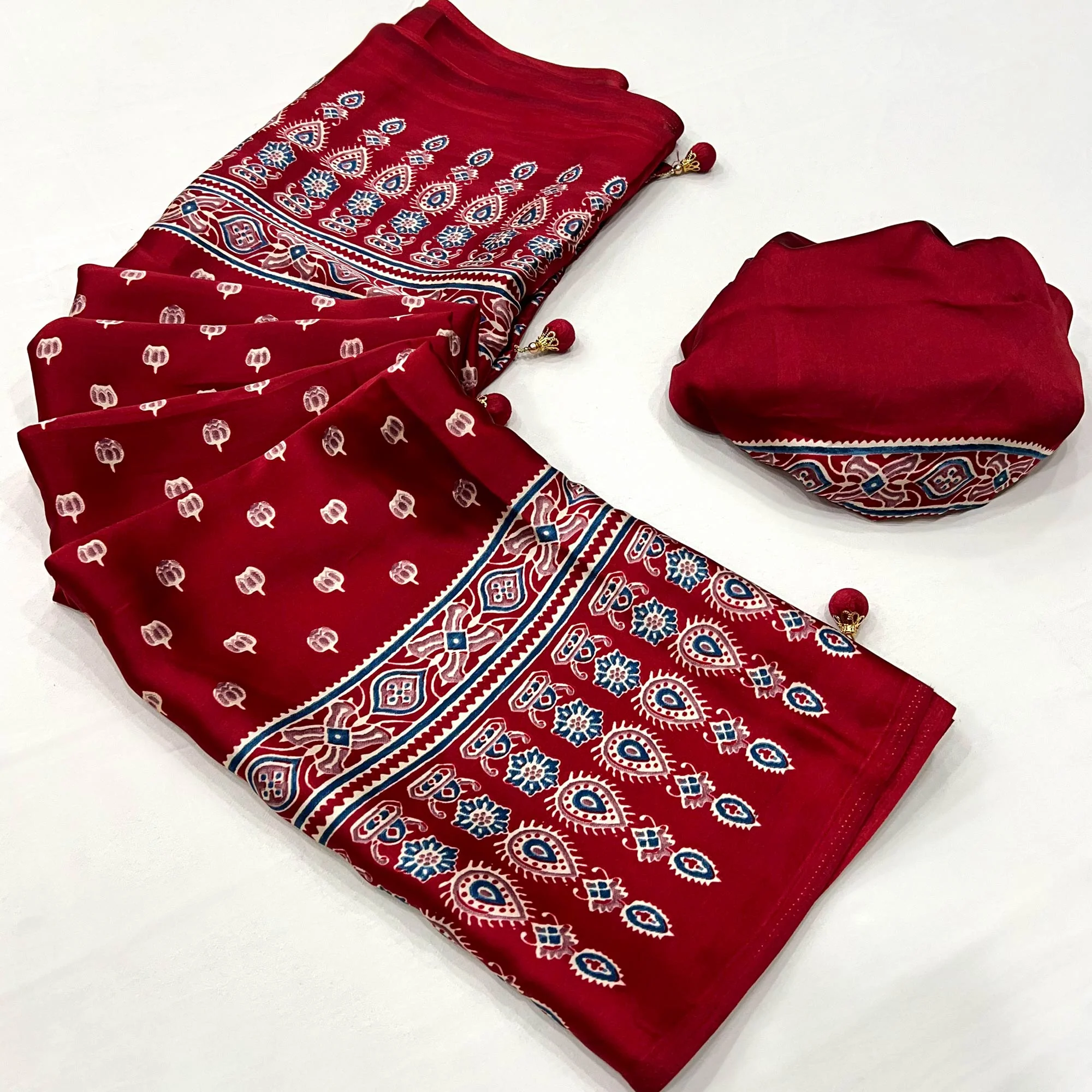 Maroon Ajrakh Printed Satin Saree - Image 3