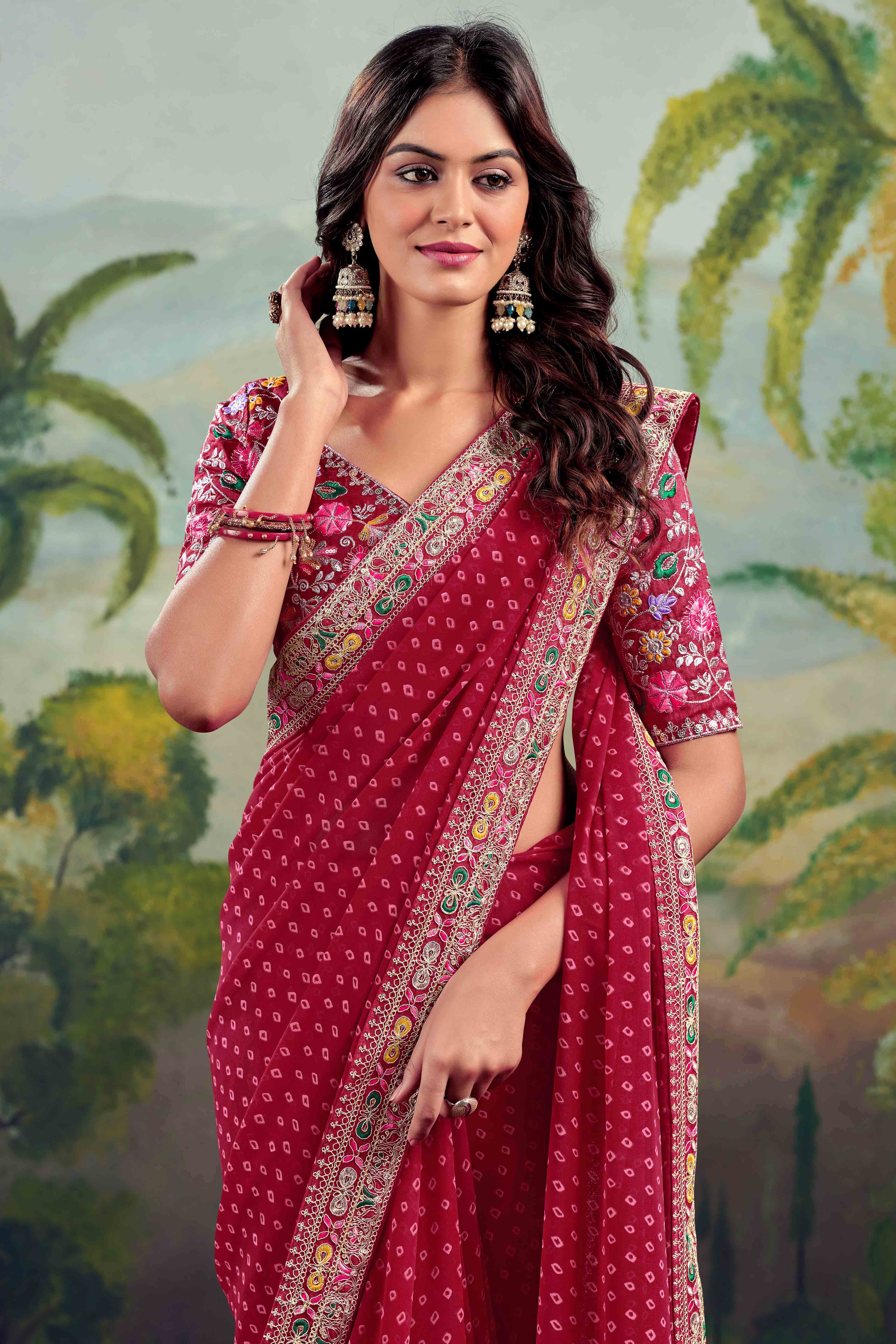 Maroon Bandhani Printed Georgette Saree With Embroidered Border - Image 5