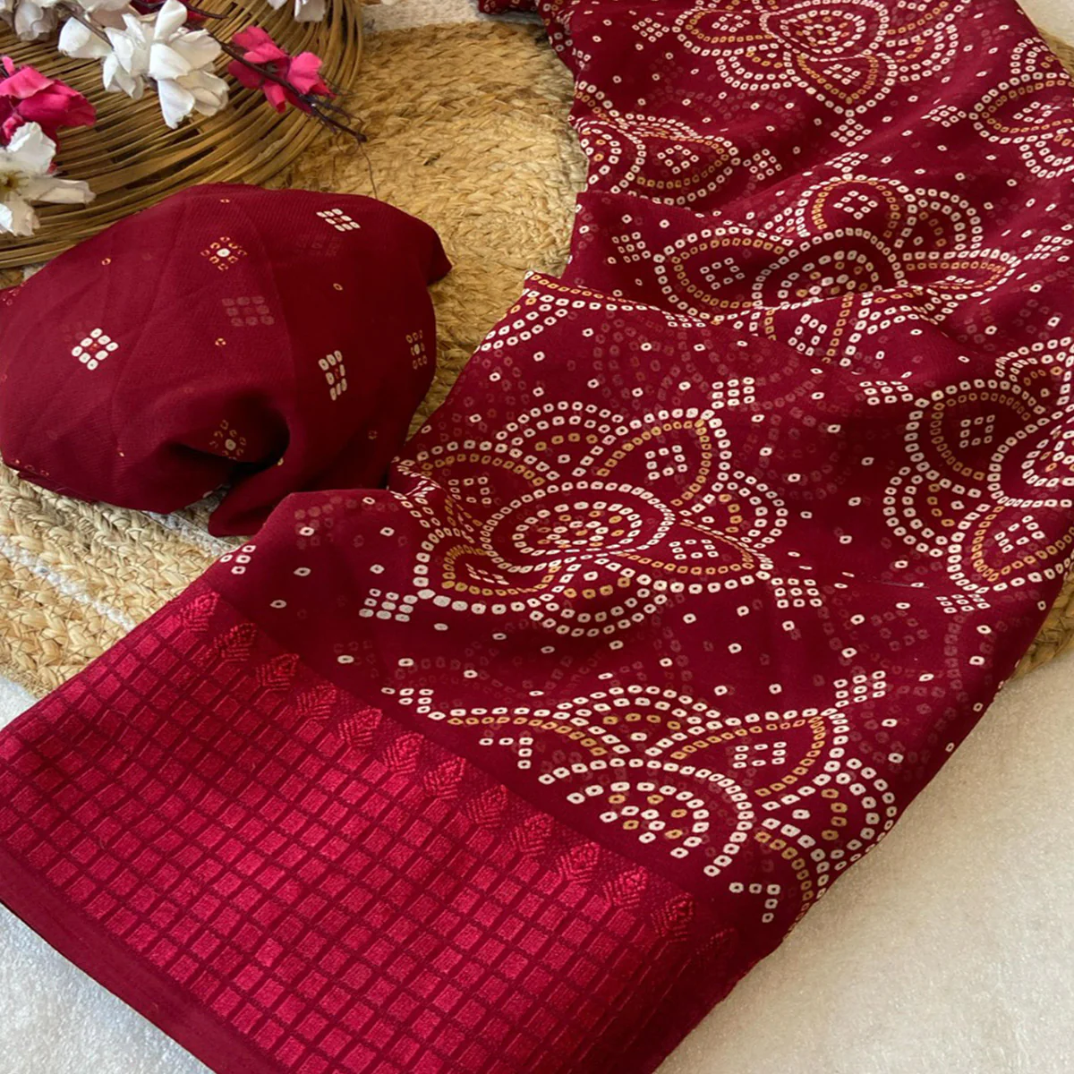 Maroon Bandhani Printed Georgette Saree With Viscose Border - Image 2