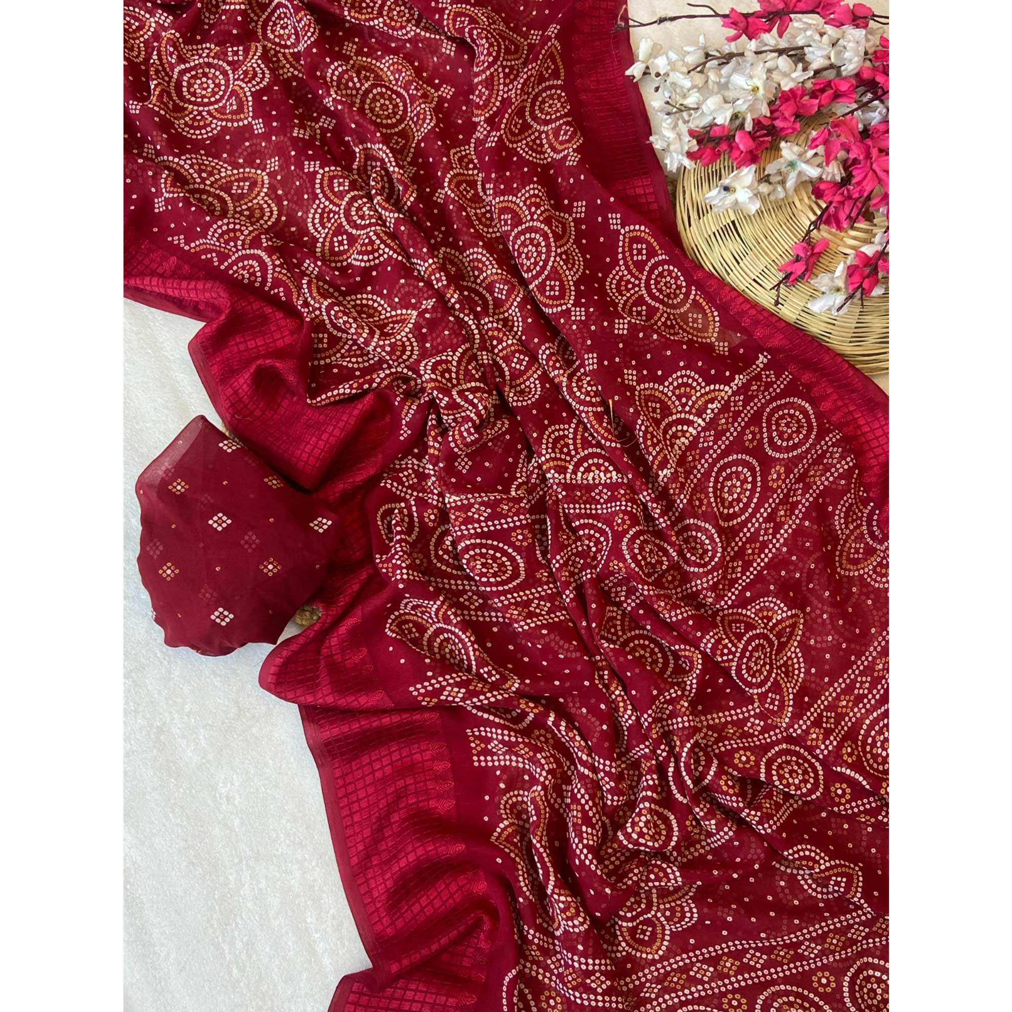 Maroon Bandhani Printed Georgette Saree With Viscose Border - Image 3