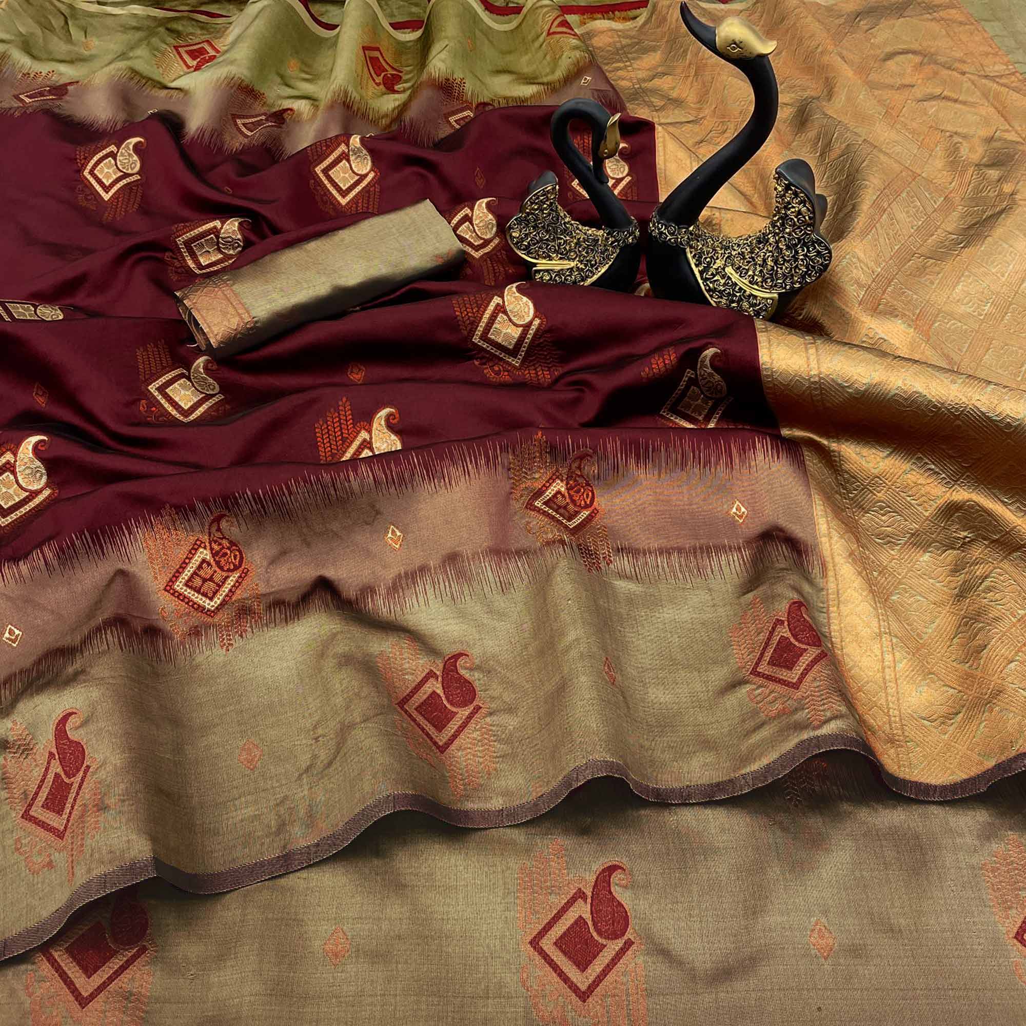 Maroon & Beige Classic Tissue Silk Saree with Zari Weaving - Image 3