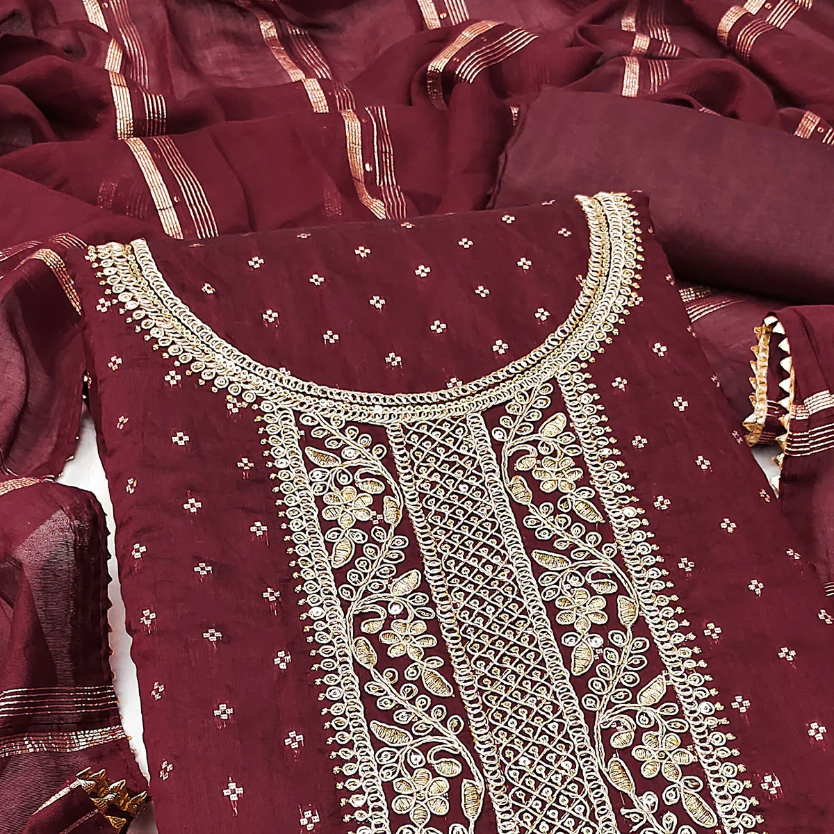 Maroon Butti With Embroidered Chanderi Silk Dress Material - Image 2